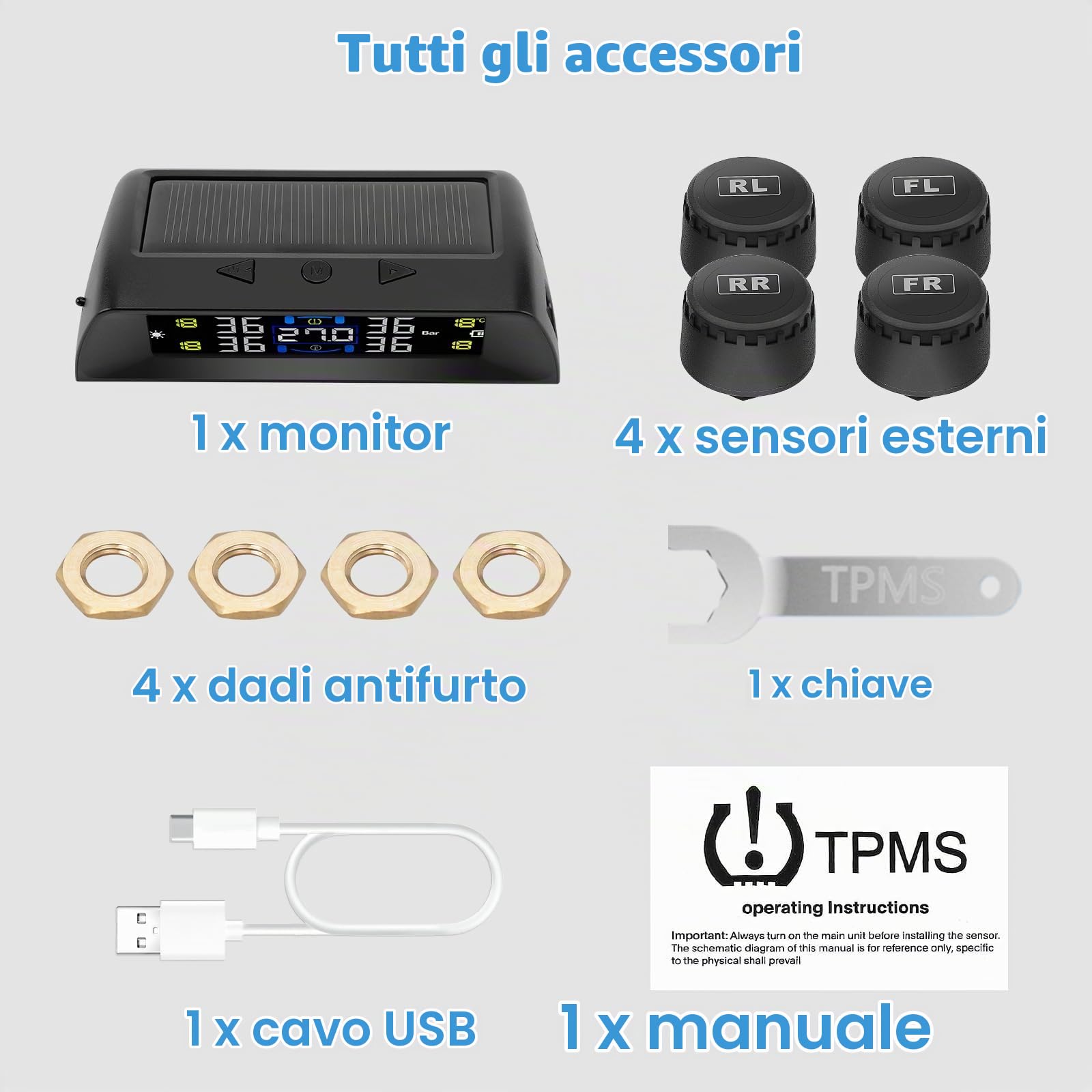 TPMS Sistema di Monitoraggio,della Pressione degli Pneumatici, Allarme Temperatura, Auto On/off per Camper, Berlina, SUV, Monovolume, Rimorchio, 4 Sensori Esterni (72psi)
