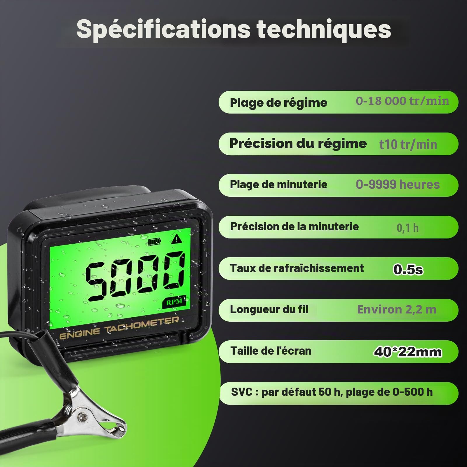 Tachymètre Numérique LCD 18 000 tr/min avec Compteur Horaire | Tachymètre avec Induction Sans Fil, Surveillance de Batterie, Étanchéité et Rappel D'entretien pour Moto, Tondeuse, etc