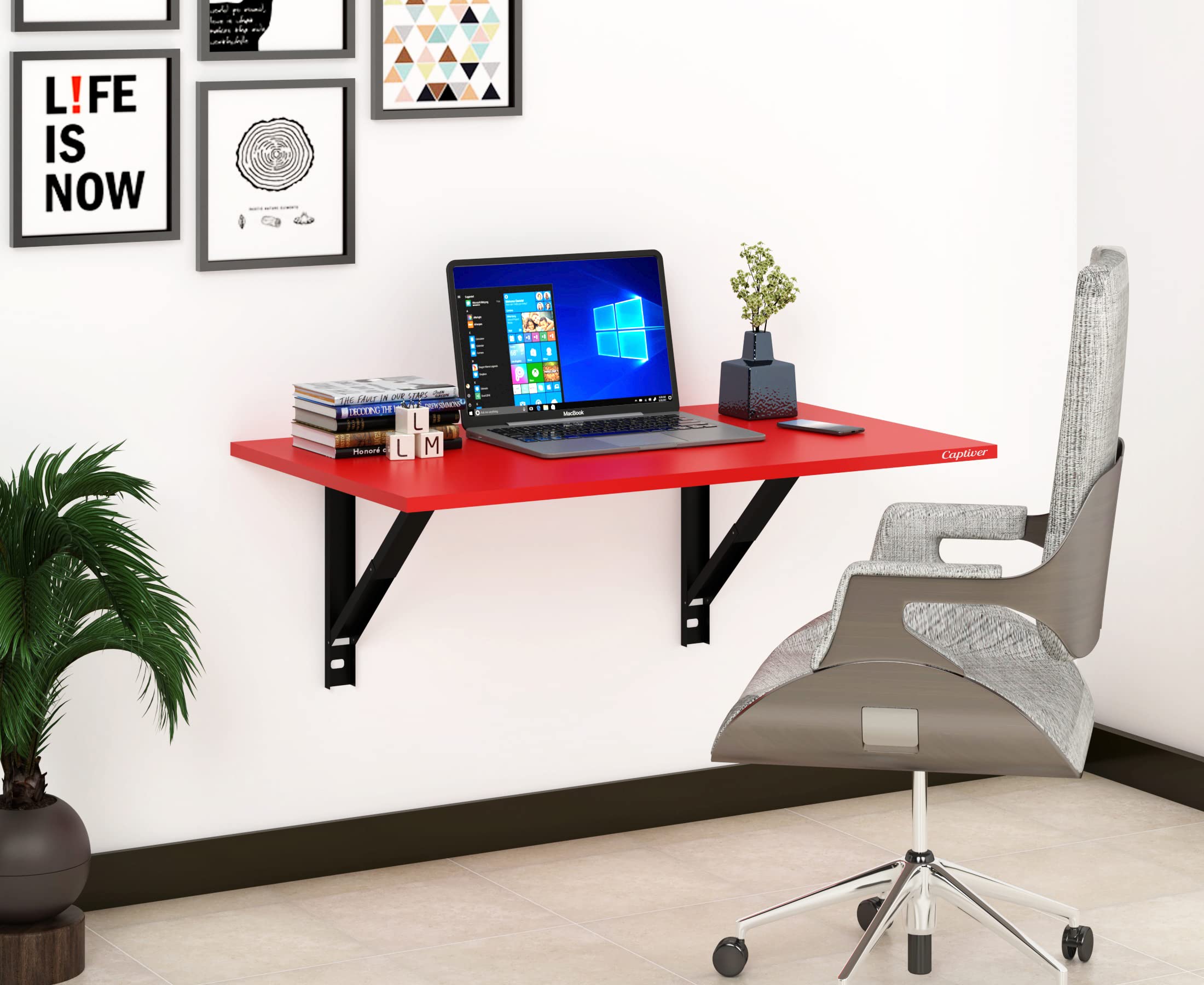 Captiver Elara Engineered Wood Wall Mounted Multipurpose Foldable Study Table, Matte Red Office Living Room Kitchen Storage Platform Big Printer Furniture Wooden Board Items