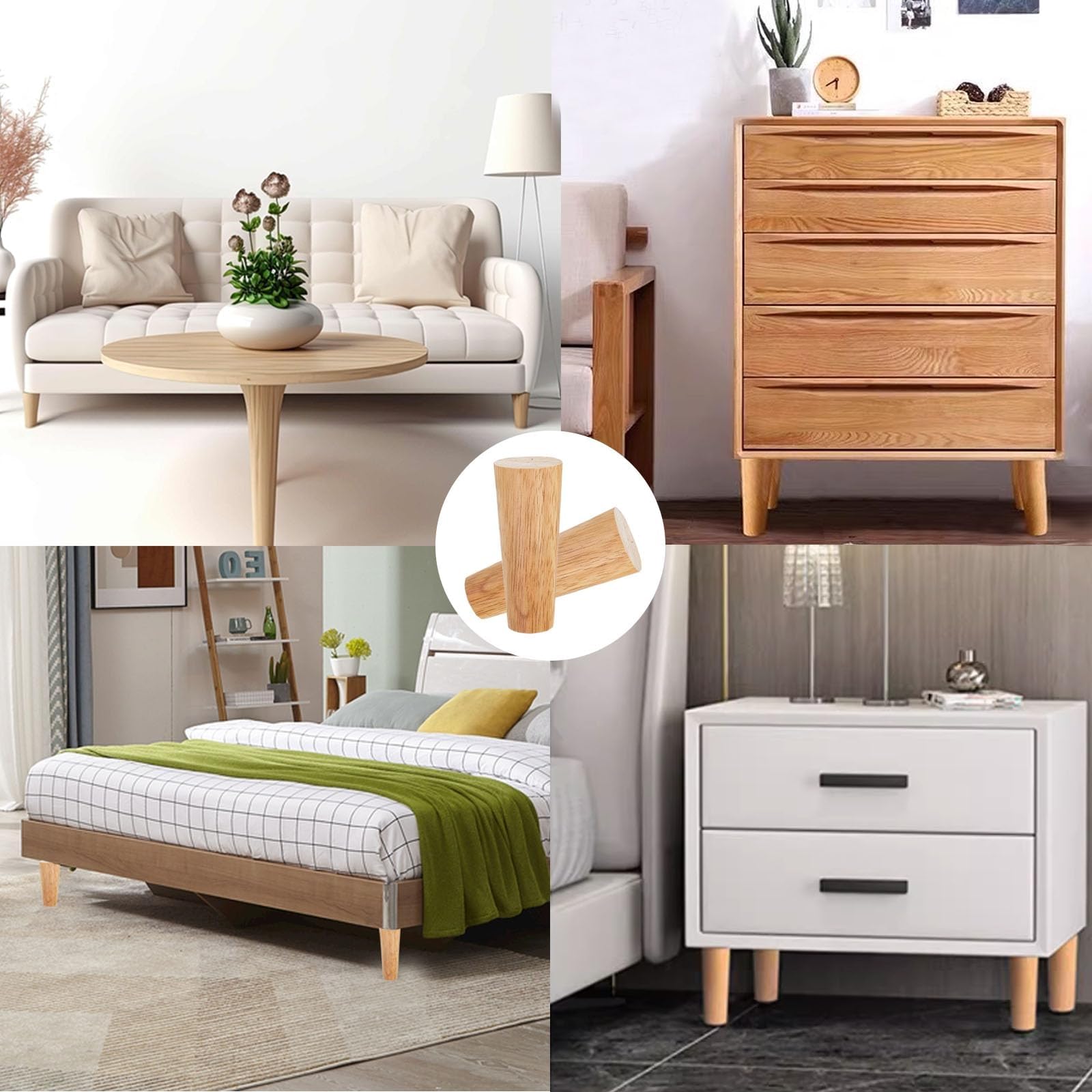 Lot de 4 Pieds De Meuble Bois,Pieds Coniques, Pieds De Table en Bois de Chêne Naturel Rond avec Vis pour DIY Meuble Sofa Fauteuil Canapé Lit Chaise Placards,Table De Nuit, Armoire, Tiroir(20 cm)