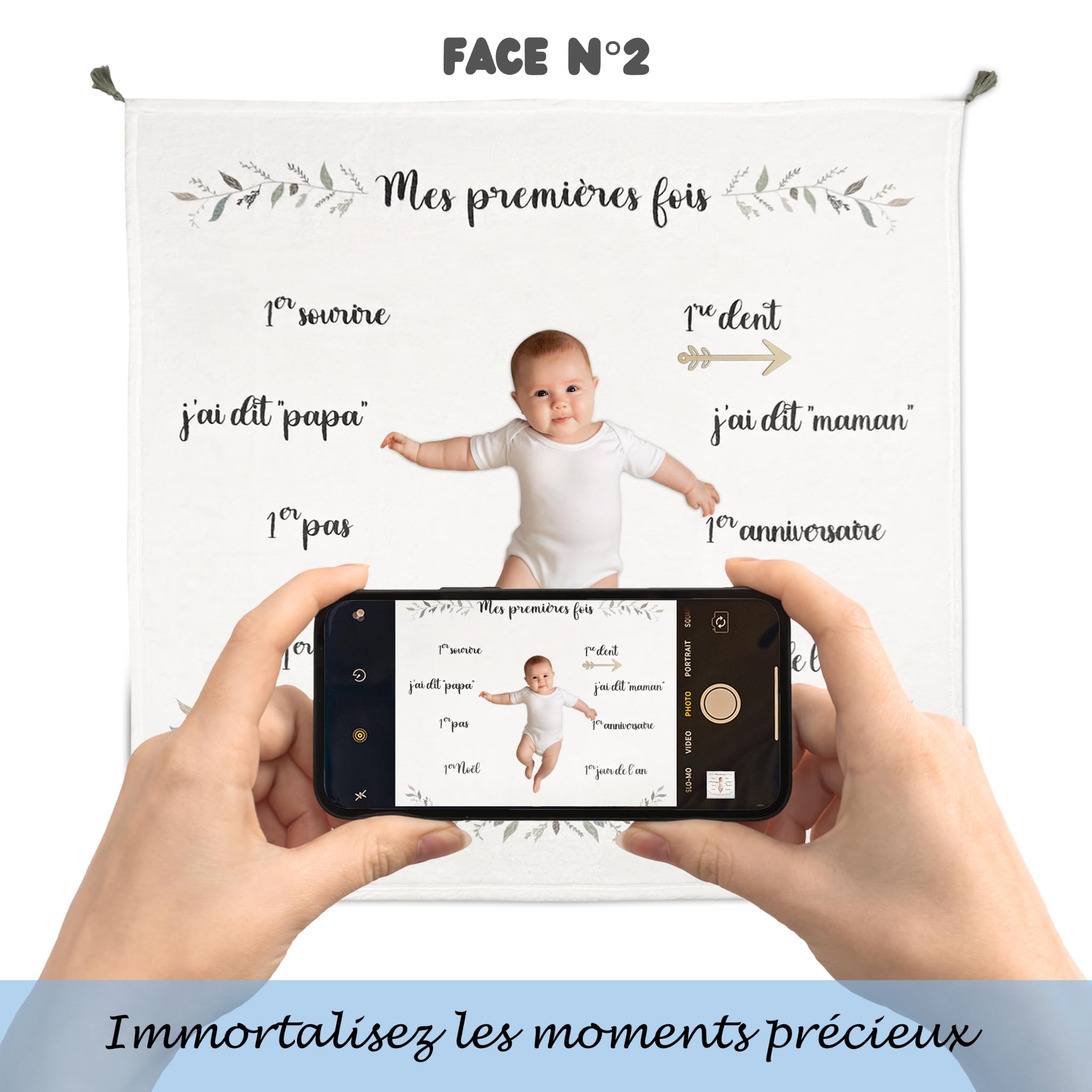 Babyfun Couverture Etape Bebe Imprimée Double Face – Tapis Mois Bebe en Français - Tapis Photo Bebe Mois - Cadeau Naissance Fille ou garçon - Label Oeko-TEX - Accessoires et Boite Cadeau Inclus