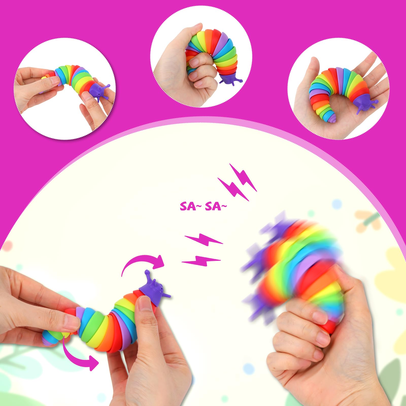 Penitue 3 Pezzi Giocattolo Lumaca Fidget, Giocattoli Portatili a Forma di Bruco Lumache Arcobaleno per Ristoranti Viaggi Aerei Attività & Gite in Auto