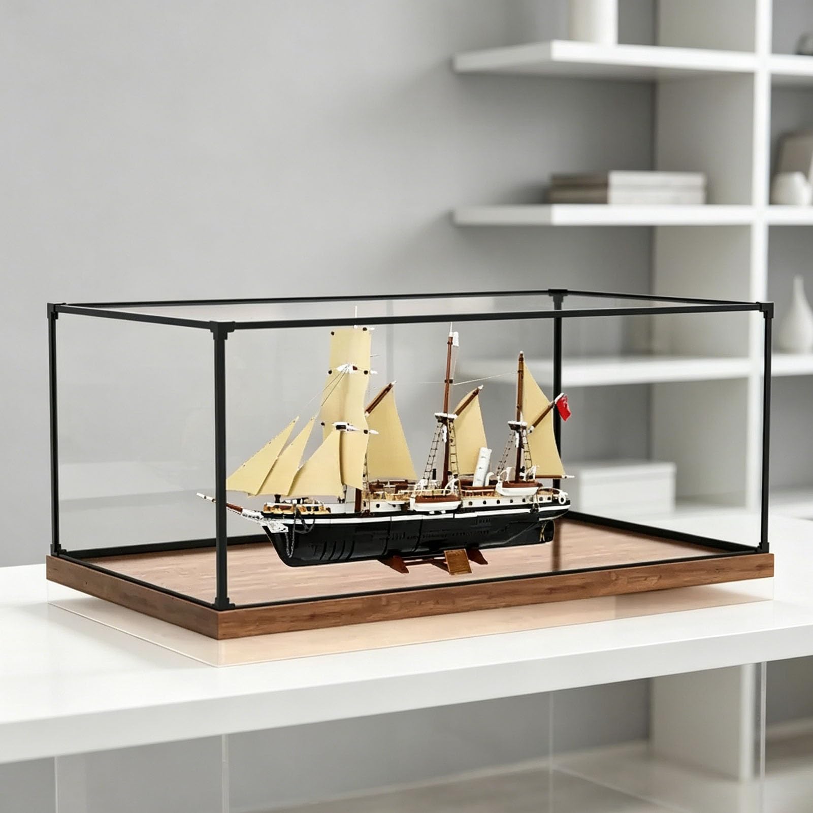 Rectangular Acrylic Display Case with Metal Frame & Wooden Base, Dust Cover Clear Plastic Display Box Large, Stackable Countertop Showcase(50x20x20cm(20x8x8in))