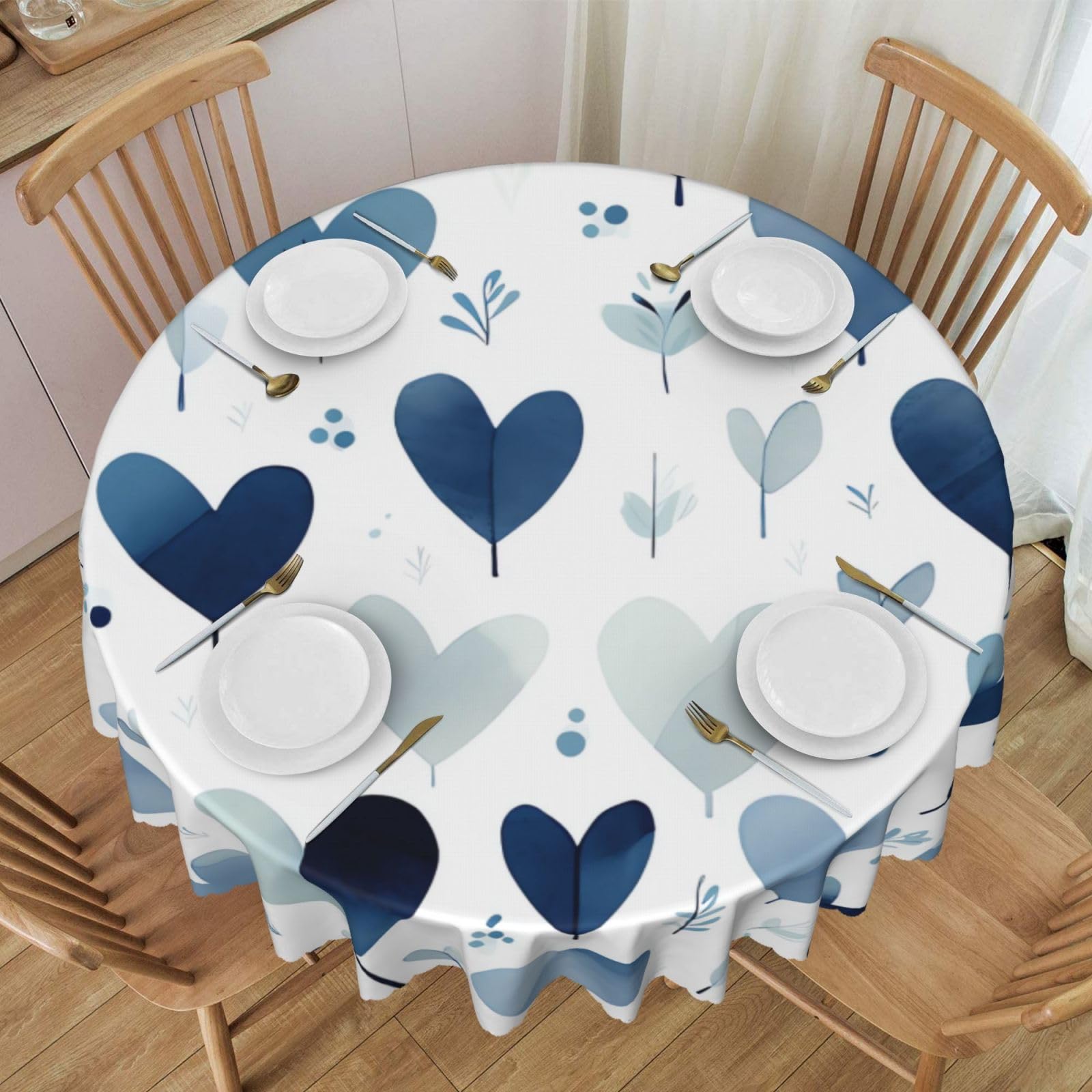 VducK Simple Blue Heart Shape Print Round TableCloth Water Resistance Table Cloth Dining Table Cover Wipeable Circular Tablecloth for Home Dinning Kitchen Party Picnic Patio Table Cover 152 cm