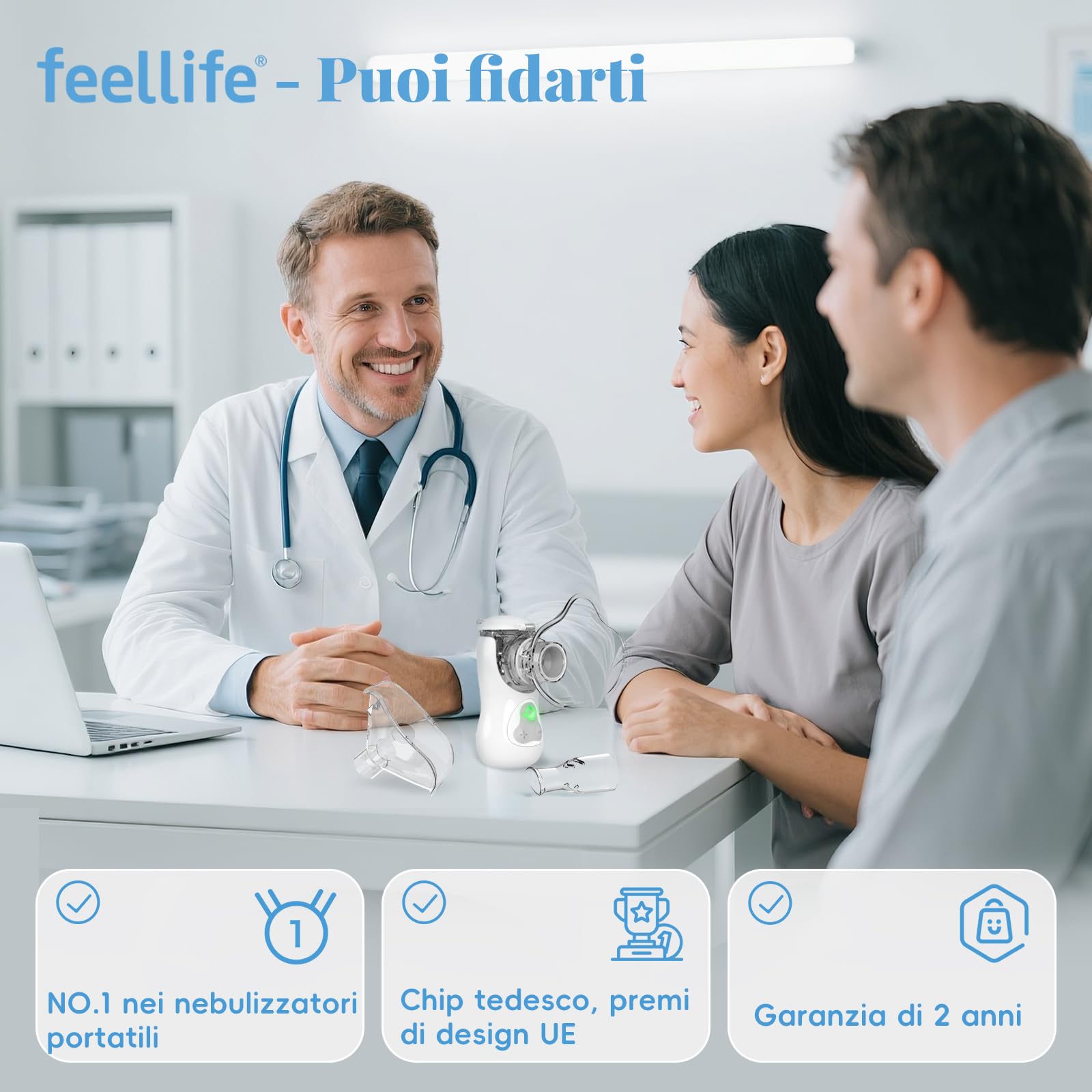 FEELLIFE Aerosol Portatile Silenzioso 3 Modalità Nebulizzazione Regolabili, Ricaricabile Aerosol per Bambini e Adulti con 2 Maschere e Boccaglio, Aerosol Portatile per Viaggi e Uso Domestico-Blu