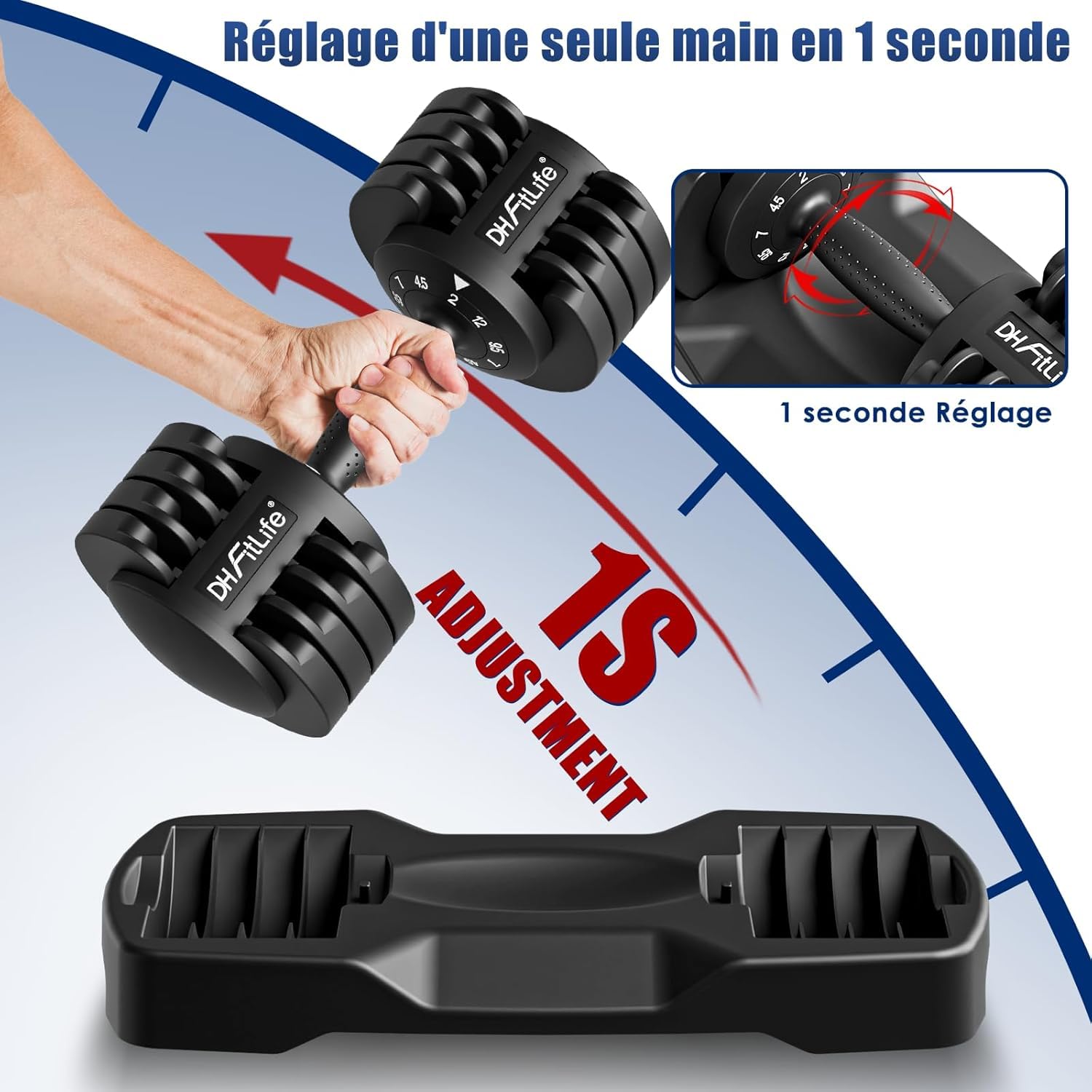 DH FitLife Lot de 2 haltères réglables de 12 kg - 2 à 12 kg - Avec 5 niveaux de poids - Avec disques d'haltères - Haltères courts réglables - Poids variable 5 en 1