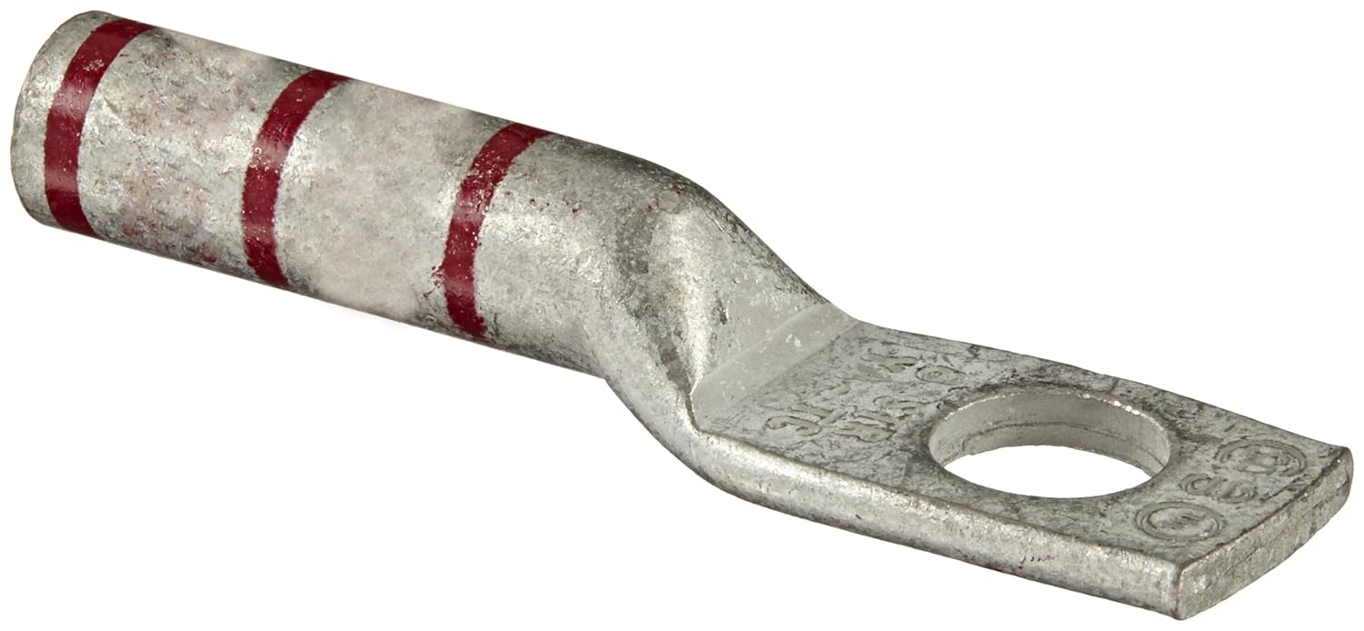 Burndy YA8CTC14 One Hole Hylug Code Conductor Long Barrel Uninsulated Copper Compression Terminal, #8 AWG, #8 Weld, 37/24, #6 Sol Conductor, 1/4 Stud Hole Size, 0.41 Tongue Width, 1.69 Length,Red