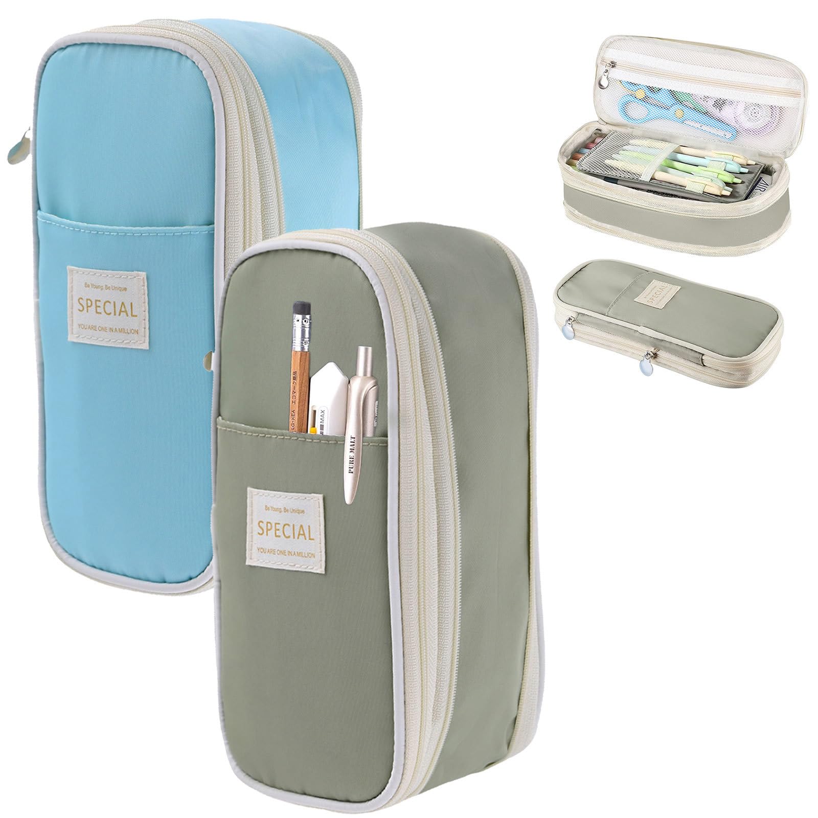 Oncpcare Pencil Case Large Capacity for School | Aesthetic Pencil Case 2 Pack with Zipper, Multi Compartment Pencil Pouch Organizer for Girls Boys(Green+Blue) โ image 1