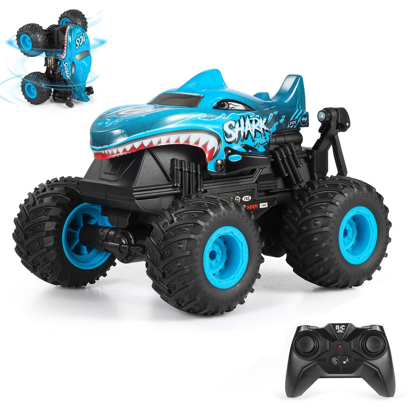 DYODYORC Remote Control Car 2 4Ghz All Terrain Shark Monster Truck Toys RC Truck with Music 3 Lighting