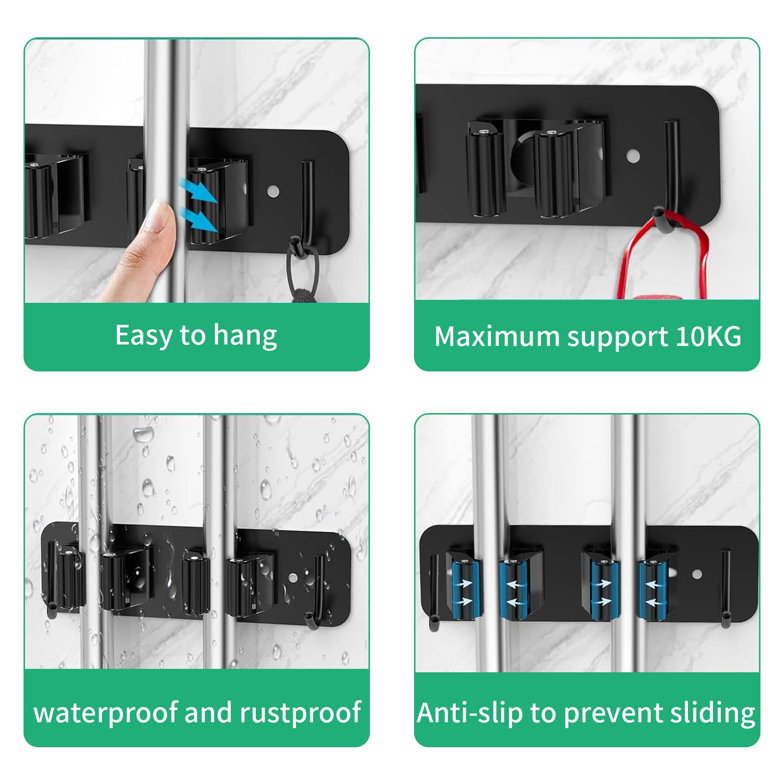 Soporte para Escobas de Pared, Soporte para Escobas de Pared de Acero Inoxidable con Ganchos, 2 Piezas, Autoadhesivos o Tornillos Perforados Incluidos, para Cocina, Baño, Garaje y Jardín - Negro