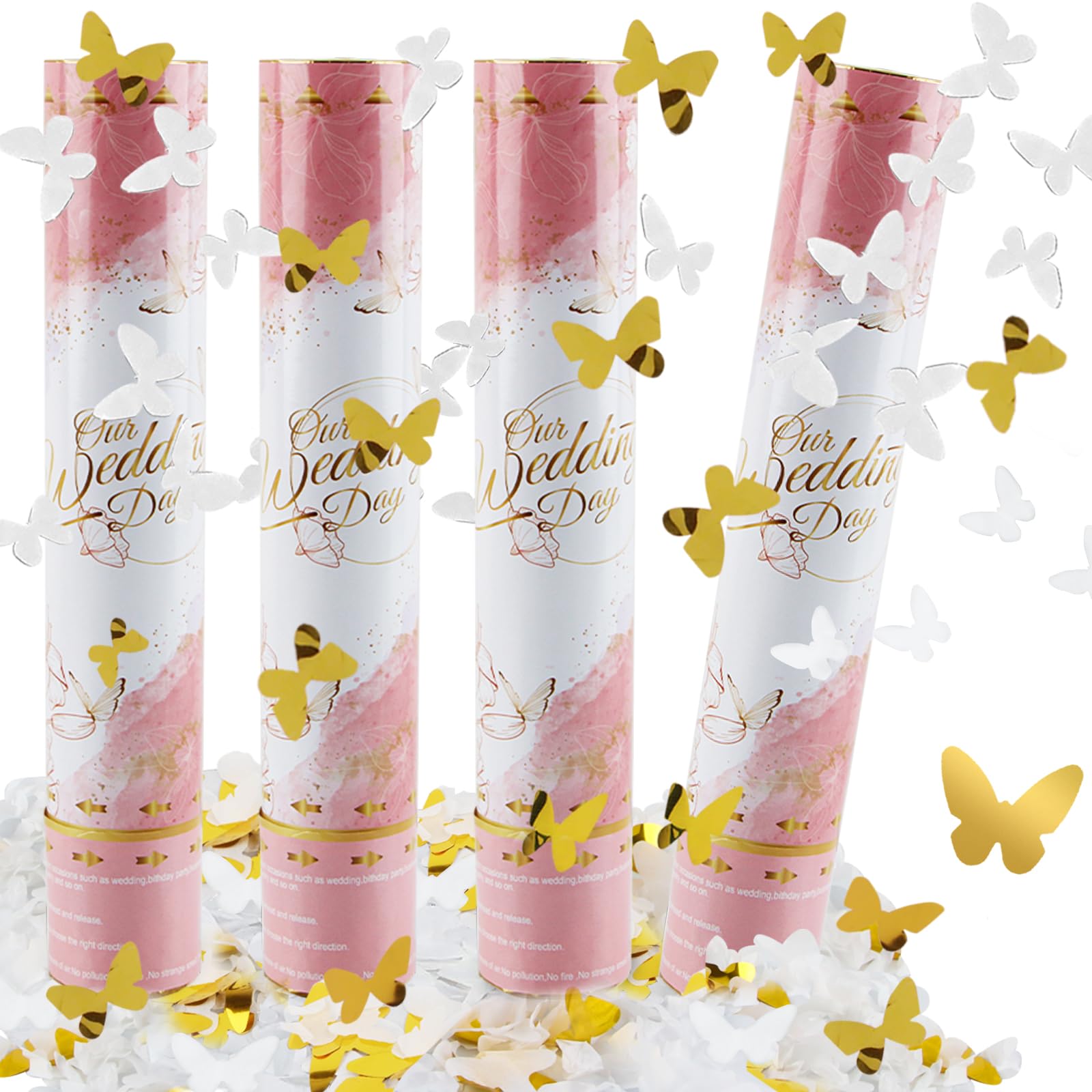 dellyy Cañon Confeti Boda *4, Cañones Confeti Mariposas, Confeti para Bodas, Tubo de Confeti para Bodas y Compromisos, para Interiores y Exteriores (Mariposa)