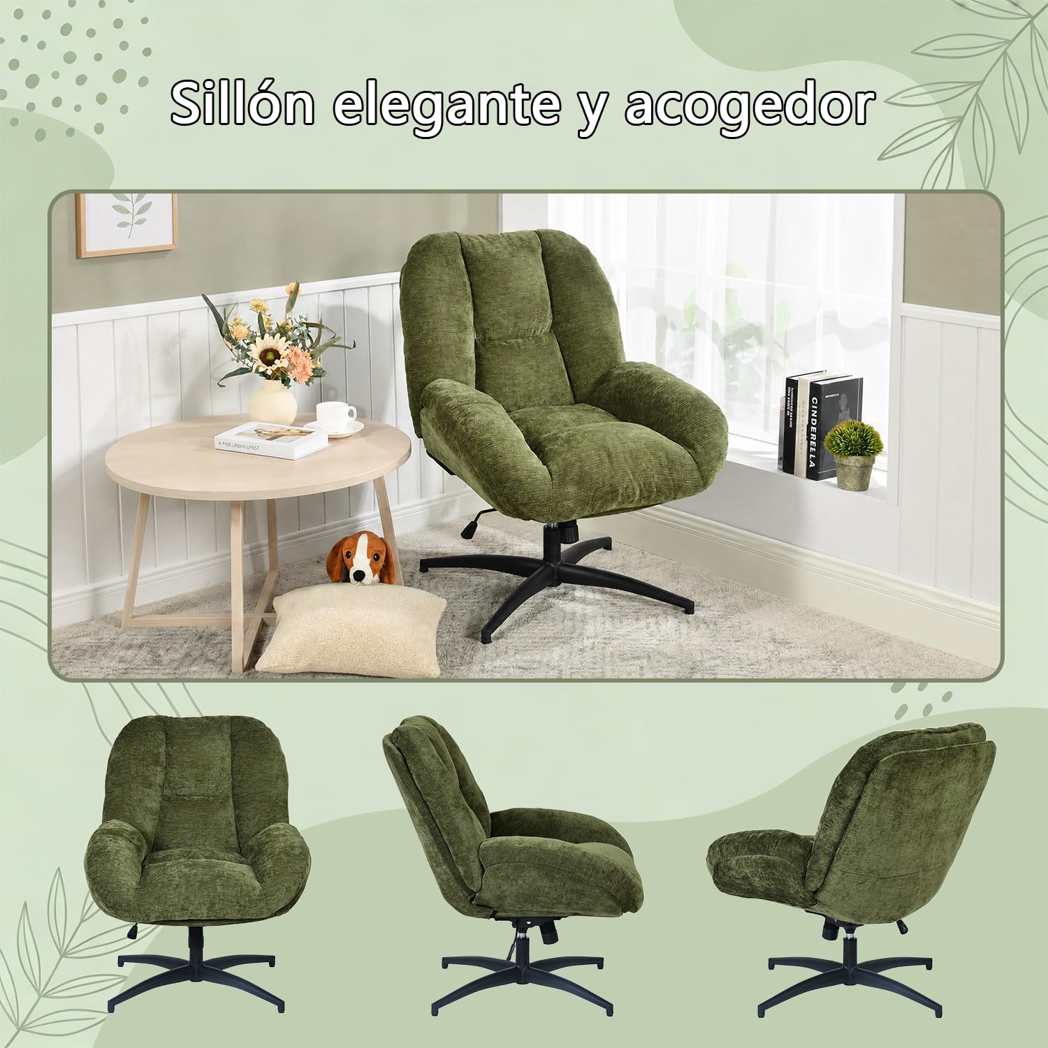 MEUBLE COSY Sillón Giratoria Butaca de Salón con Altura Ajustable Función de Inclinación, Silla Lectura con Tapizado en Tela de Chenilla, Verde
