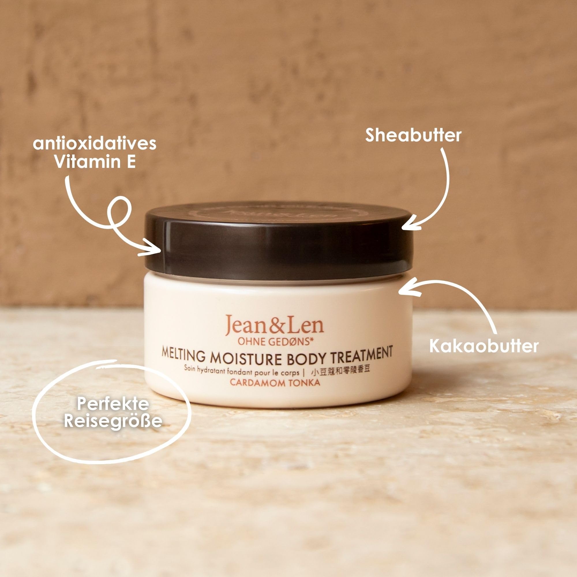 Jean & Len Melting Moisture Body Treatment Cardamon & Tonka, dla pachnących rezultatów pielęgnacji, do skóry normalnej, wysokiej jakości tygiel, pielęgnujące masło do ciała, 50 ml