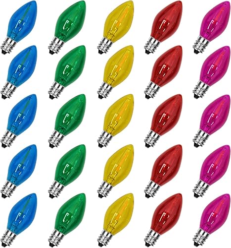 Paquete de 25 bombillas de repuesto multicolor de Navidad, bombillas LED C7 multicolor transparentes para interiores y exteriores, patio, Navidad,