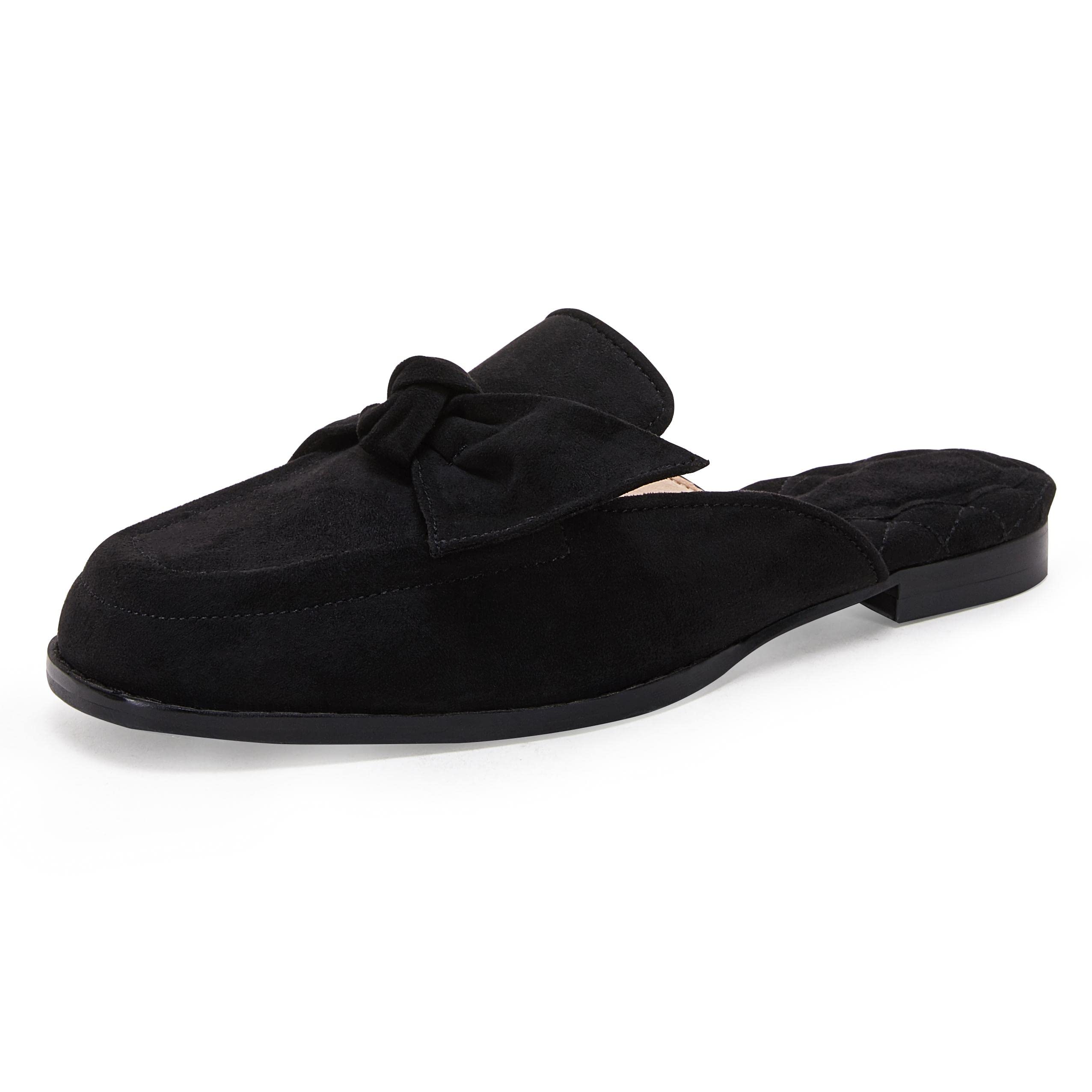 Photo 1 of Coutgo Women's Flat Mules Bow Knot Square Closed Toe Quilted Faux Suede Slip On Backless Flats Shoes 5.5 Black