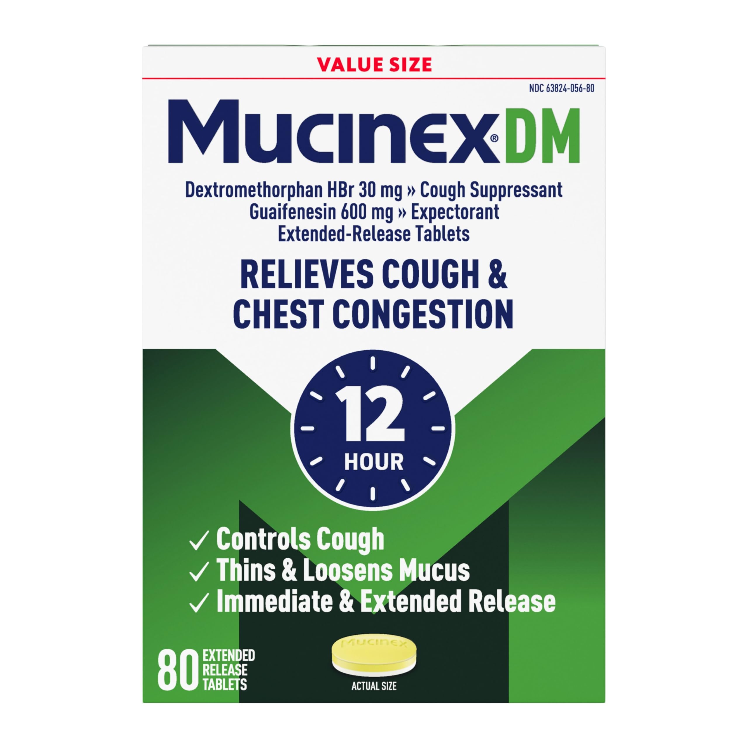 DM 12Hr Chest Congestion & Cough Medicine for Adults, Cold and Cough Medicine for Excess Mucus Relief, 600 mg Guaifenesin & 30 mg Dextromethorphan HBr, 80 Bi-Layer Tablets