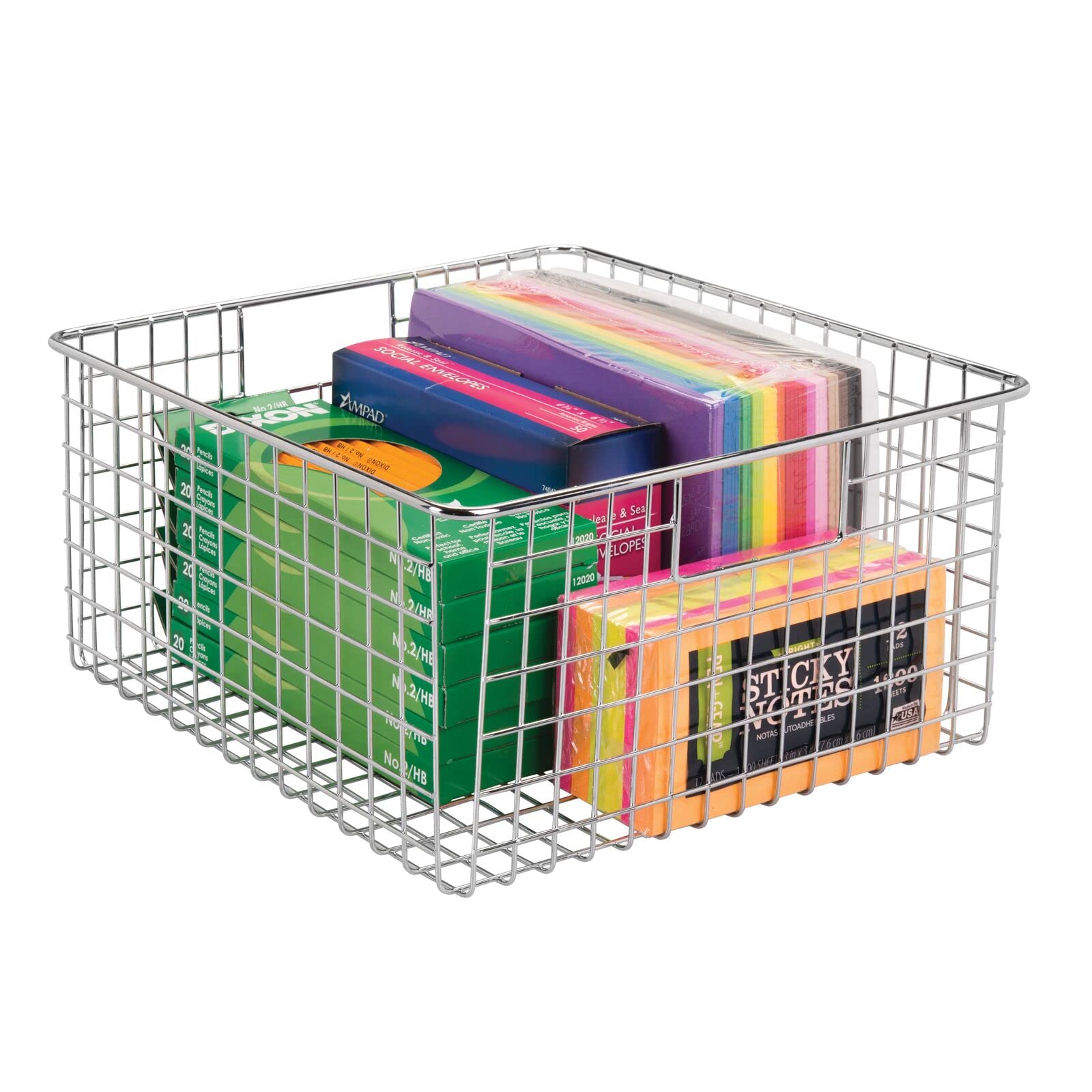 mDesign Organizer scrivania per posta, carte e cancelleria – Cesta metallo per uffici, scuola, camere da letto, cucine, bagni, garage – Cesta portaoggetti con manici incorporati – Set da 4 – cromato
