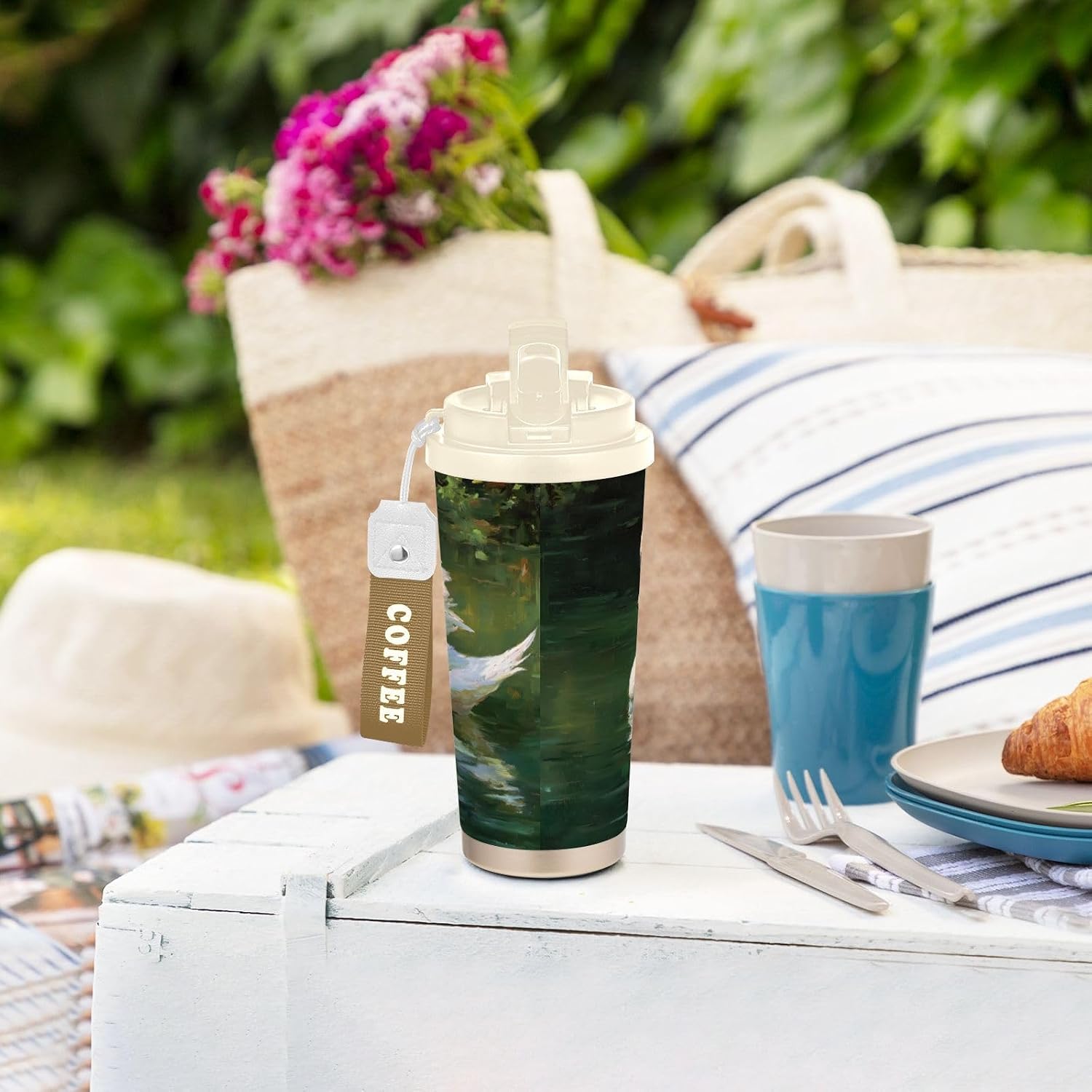 Swan Oil Painting Insulated Coffee Mug with Straw & Flip Lid, 16.9oz Iced Tumbler Cup, Double Wall Vacuum Mug for Travel Office
