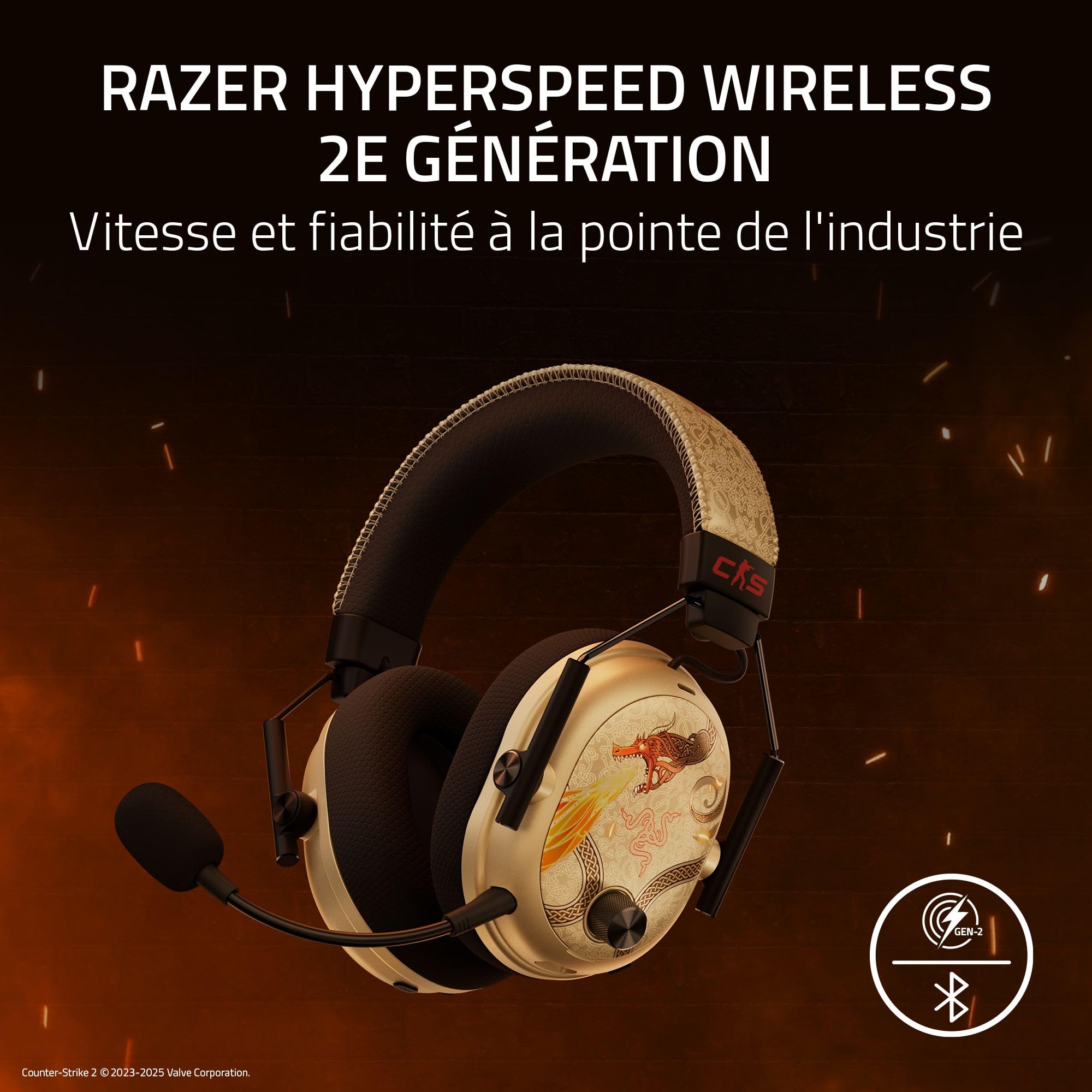 Razer BlackShark V3 Pro CS2 - Casque sans Fil pour e-Sport avec réduction du Bruit - Haut-parleurs Audio 50mm - Microphone Amovible - HyperSpeed 2,4 GHz & Bluetooth - PC/Mac | Dragon Lore