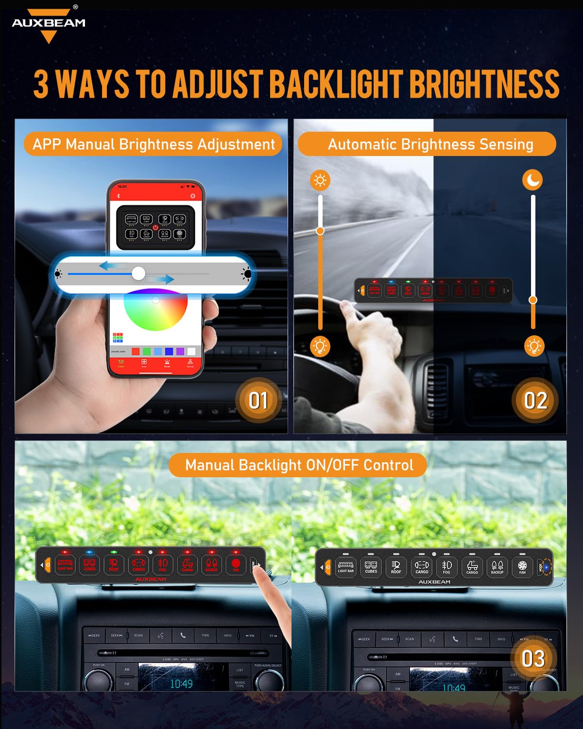 Auxbeam Pannello di commutazione sottile a 8 bande Bluetooth RGB AS-800 con APP e telecomando Toggle Interruttore pulsato momentaneo Pod Off Retroilluminazione per camion fuoristrada UTV ATV Auto