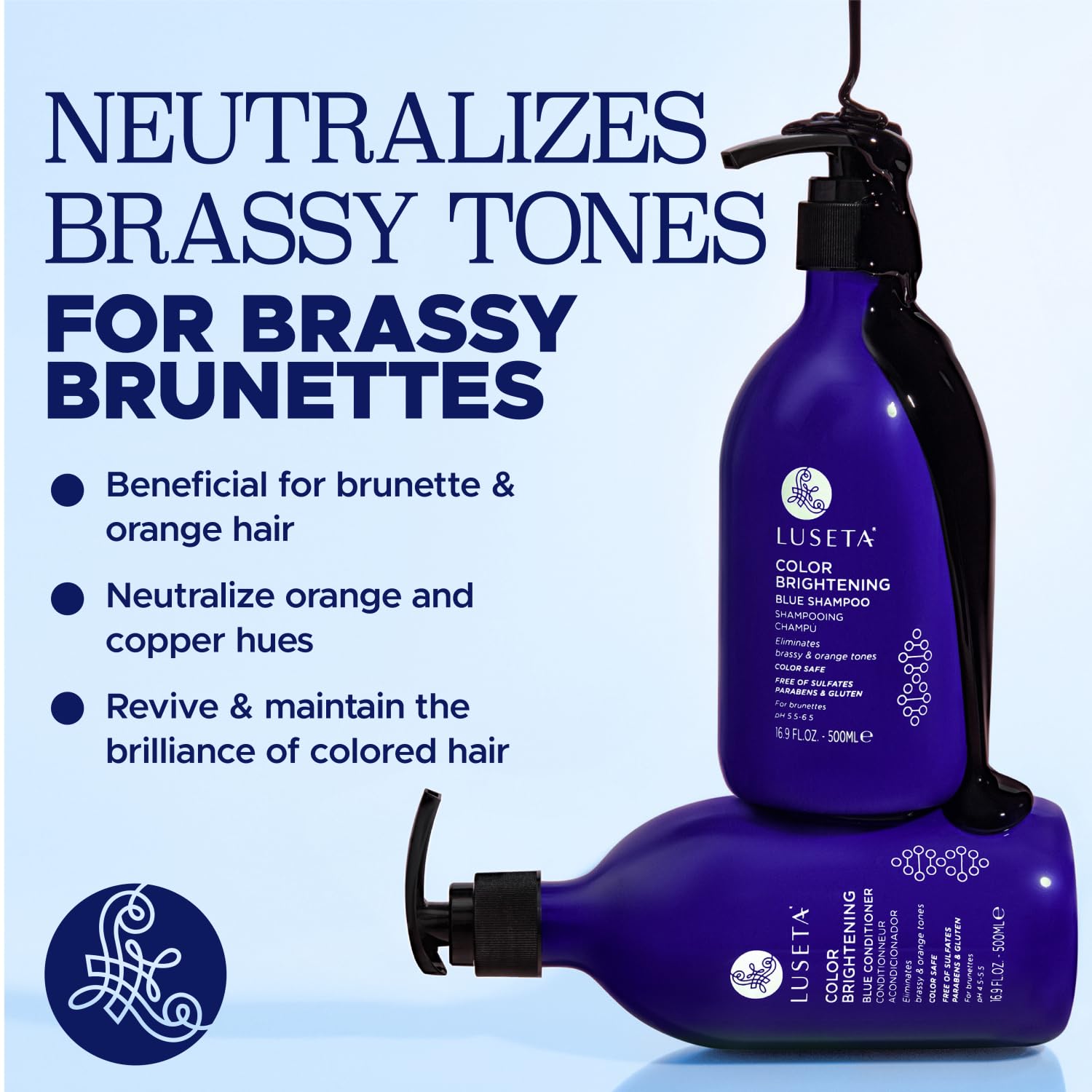 Luseta Color Brightening Blue Shampoo and Conditioner Set Orange & Copper Neutralizing for Brunettes & Dark Blondes, Brassiness Control Tone Correcting for Color Treated Hair, Sulfate Free 2x 16.9oz