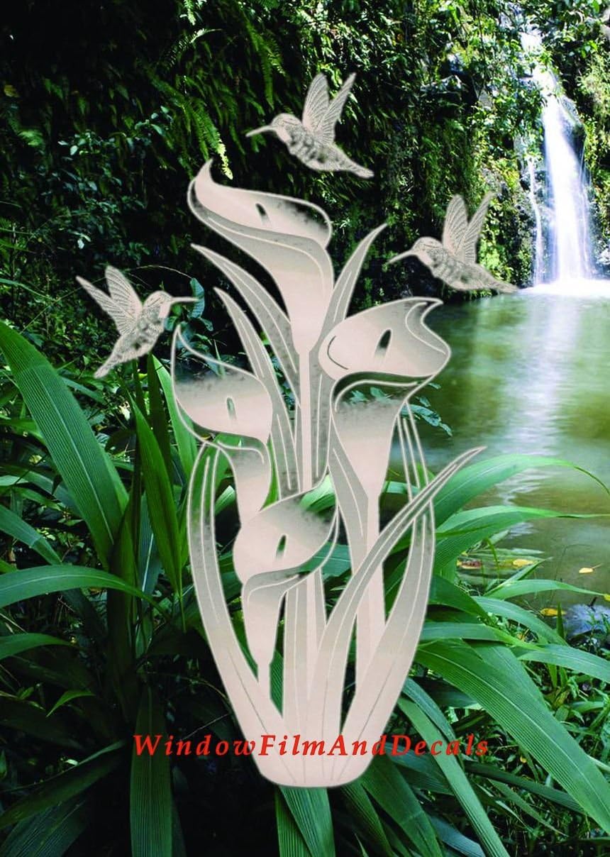 Lily and Hummingbirds Oval Static Cling Window Decal 15" x 23" - Clear w/White Elements