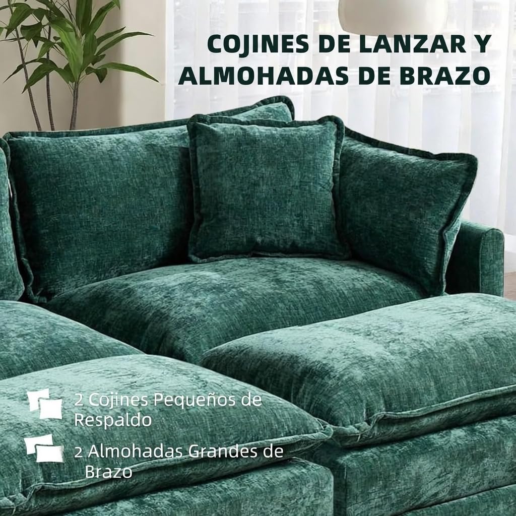 Sofá Modular Modular de 76.7 Pulgadas, sofá Convertible de felpilla de 2 plazas con Asiento Profundo, sofá biplaza con Almohadas para Sala de Estar, apartamento, Oficina (Verde) | Sofá seccional convertible en estilo nube. La funda de chenilla suave hace