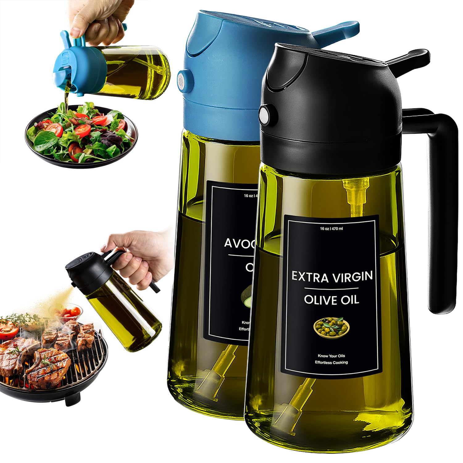 CXINYI - 16oz/470ml Olive Oil Dispenser for Kitchen with Stickers - 2 in 1 Olive Oil Sprayer for Cooking, Air Fryer, and Salad, Black&amp;Blue (Light-Proof Kitchen Gadget)