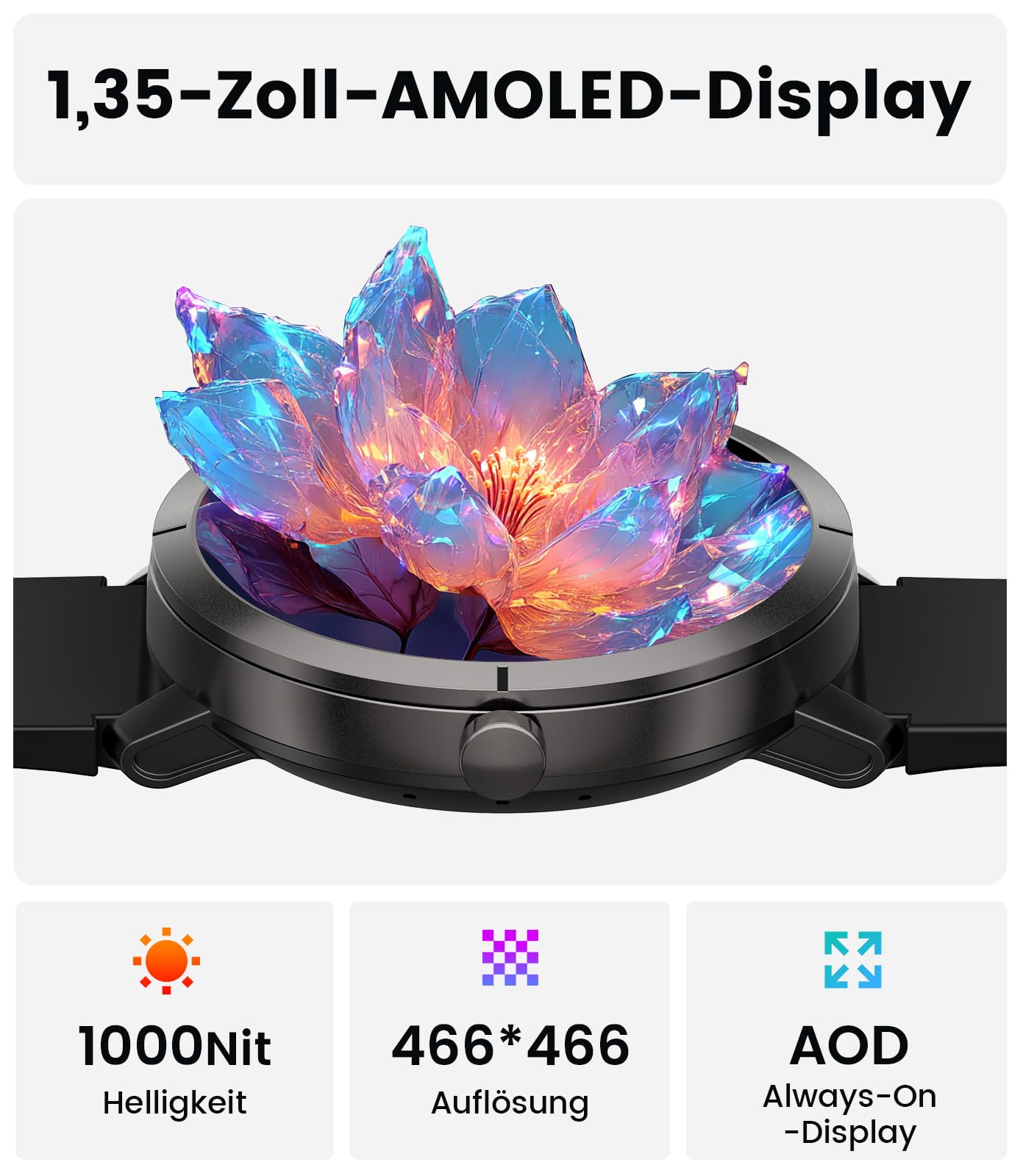 Orologio Intelligente Uomo Donna con GPS, Batteria 10 Giorni, Schermo Amoled da 1,35''/Caso in Alluminio/5ATM, 170+ Modalità Sportive, Fitness Tracker con Frequenza Cardiaca, Monitoraggio del Sonno