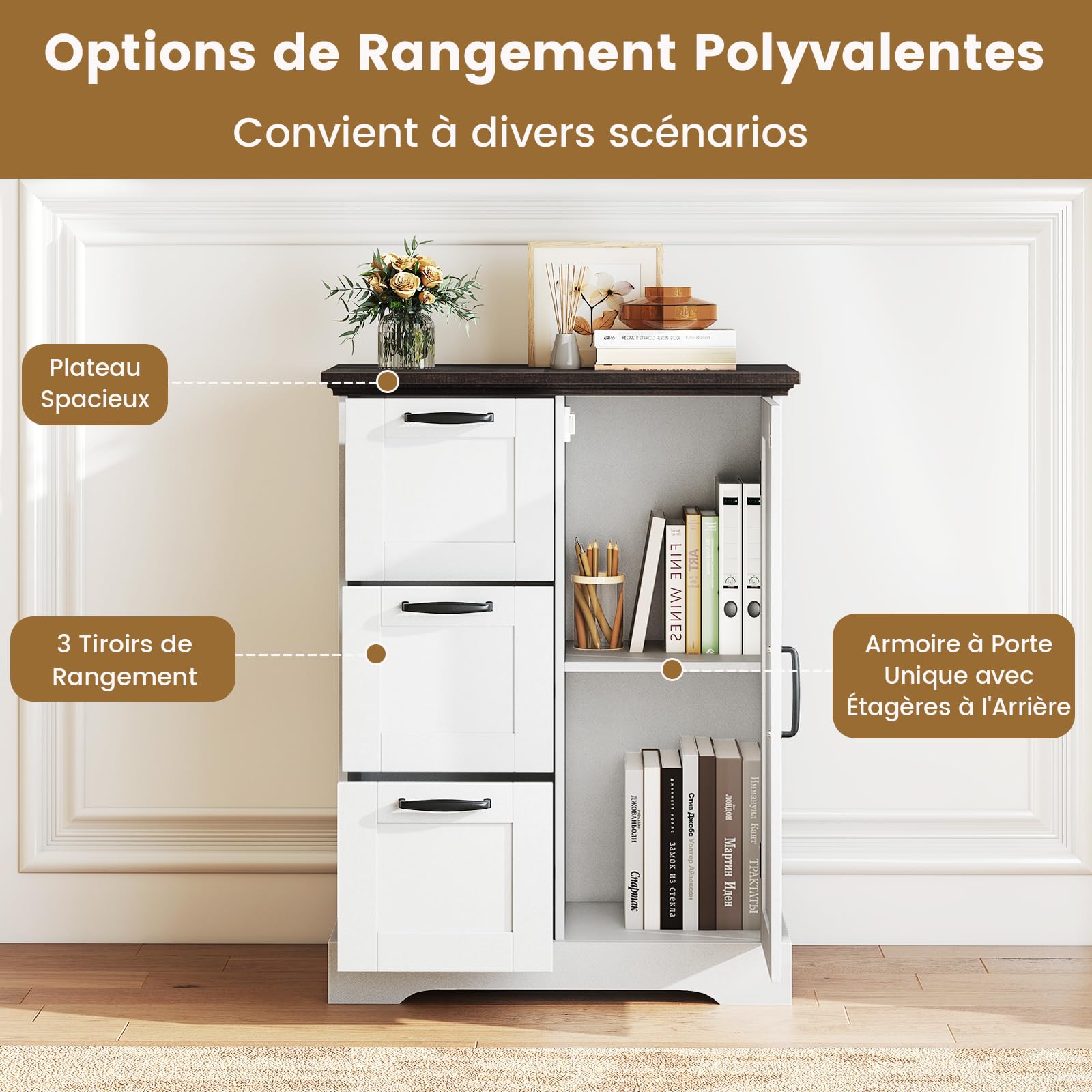 COSTWAY Meuble Salle de Bain Rangement, Armoire de Rangement Style Ferme avec Porte de Grange, 3 Tiroirs Pratique, Buffet, Commode pour Cuisine, Salon, Chambre, 30 x 60 x 80 cm (Blanc)