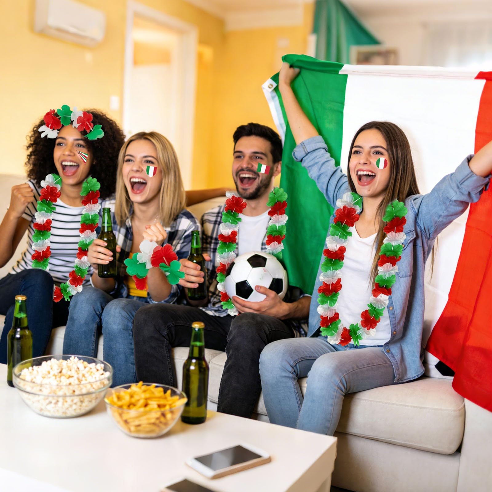 Pack of 20 Italy Fan Item Flower Chain, Hawaiian Fan Set Italia: 4 x Chains, 4 x Headbands, 8 x Bracelets & 4 x Stickers Italy Euro Football Euro Fan Photo Props Flower Chain