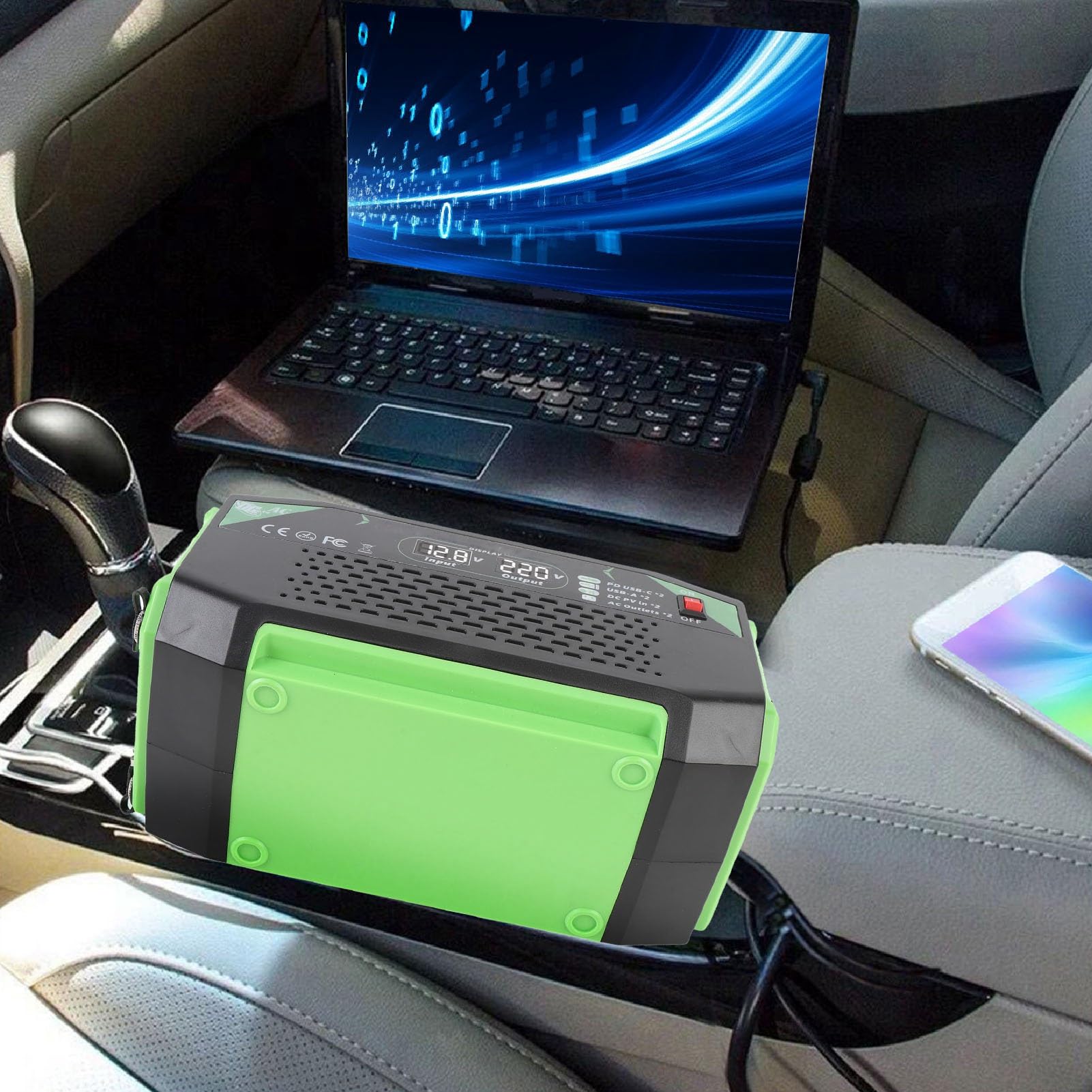 Ejoyous Inversor de Corriente para Automóvil 600W ABS DC 12V A AC 220V Inversor de Corriente para Vehículo con 2 Enchufes 2 USB A USB C Pantalla de Voltaje Carga Rápida para Viajes en Automóvil