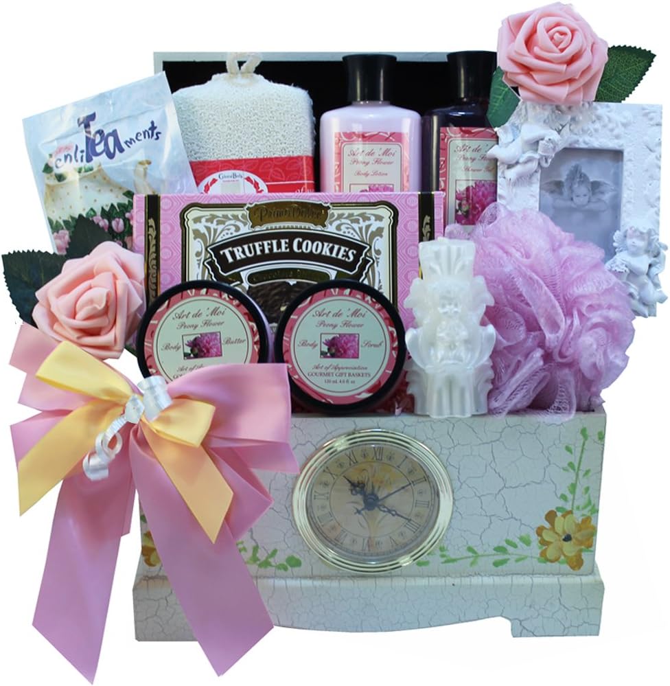Victorian Lace Gourmet Food and Spa Gift Basket Set with Clock