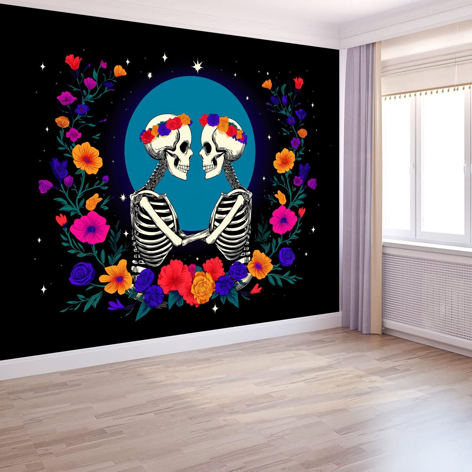 Fototapeta z włókniny, minimalistyczny styl, tapeta 250 x 175 cm (szer. x wys.), nowoczesna tapeta z włókniny, efekt 3D, dekoracja ścienna, czaszki, kwiaty, księżyc, tapeta ścienna, do salonu