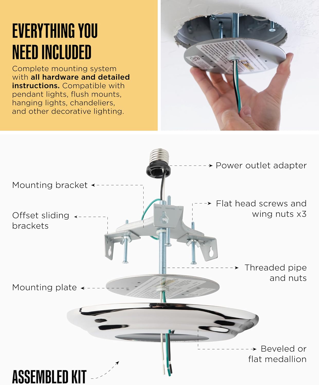 The Can Converter R56 Recessed Can Light Conversion Kit w/ 7"¾ Flat & Beveled Ceiling Medallion - Home Improvement for 5" & 6" Cans, Fan & Light Fixture Converter Kit, UL Certified, Polished Chrome
