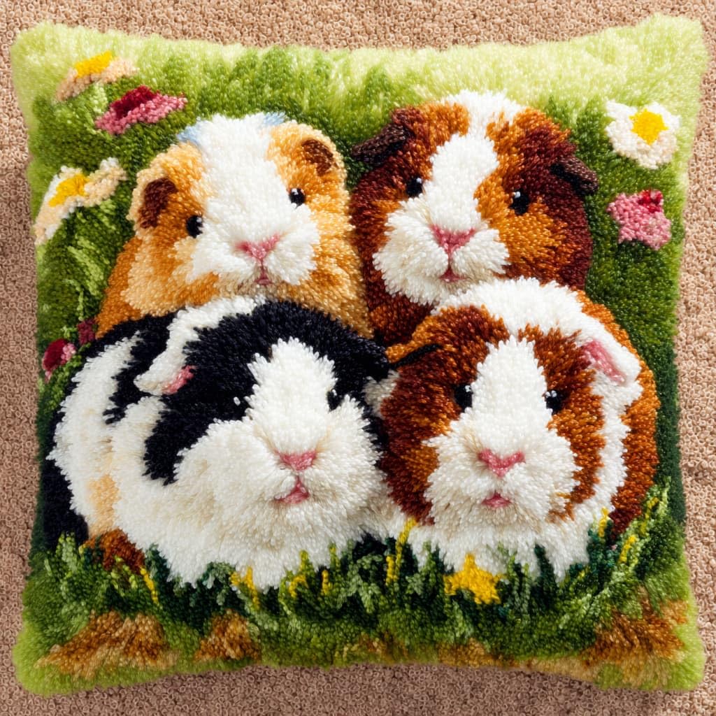 Taxpy DIY Latch Hook Kits, Animal Guinea Pig Pillow Embroidery Carpet Set Needlework Crocheting Cushion Pillow Case Embroidery Set 43x43cm