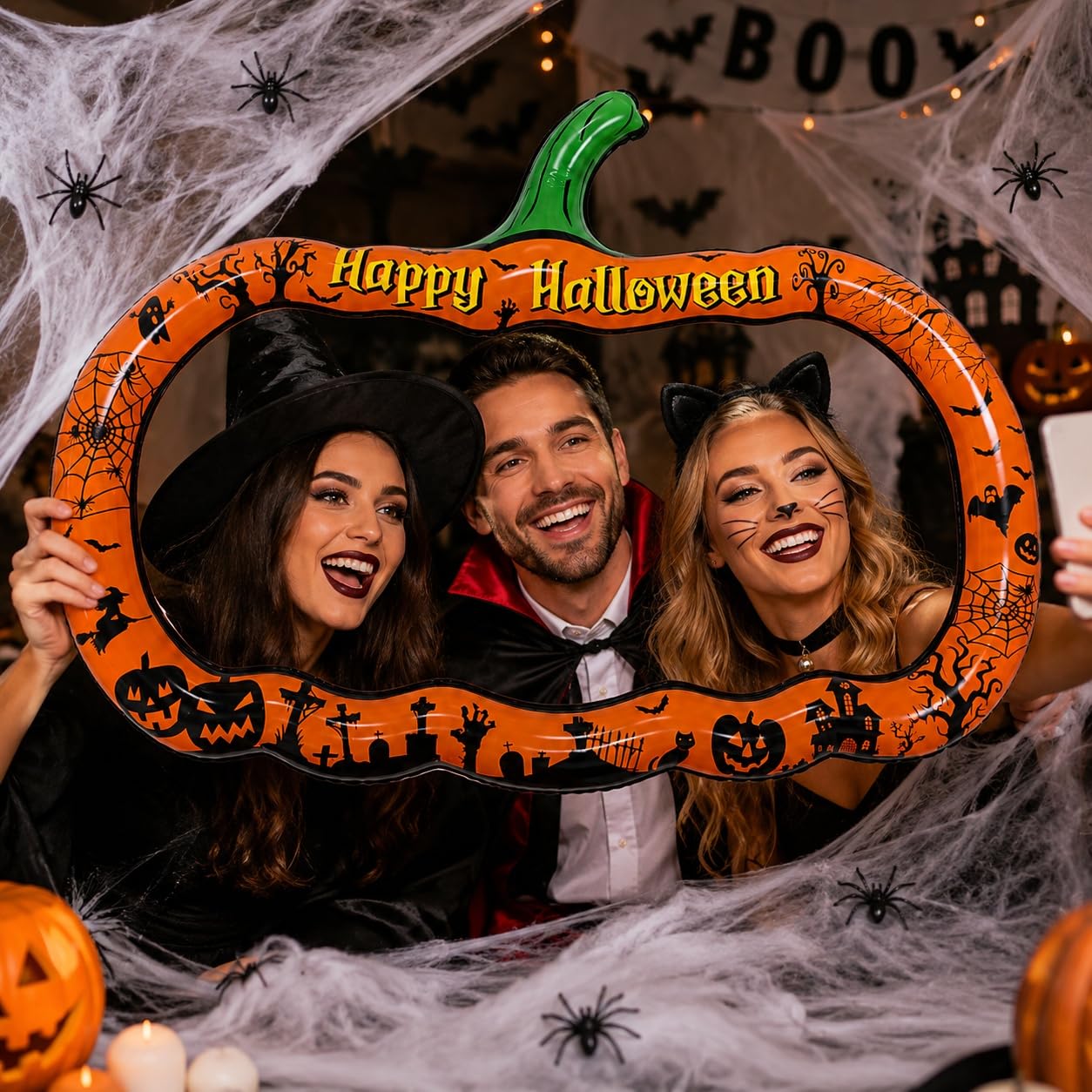 Halloween Inflatable Pumpkin Photo Frame with Spider Web and 6 Fake Spiders