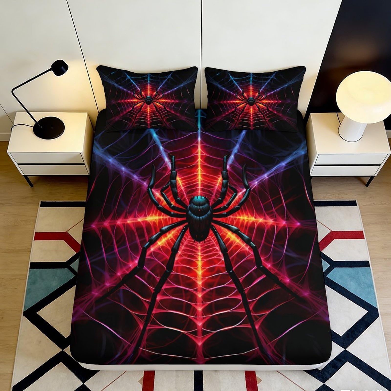 3D Printed Spider Web Fitted Sheet Microfiber Soft Breathable Red Black Spider Mattress Cover for Bedroom Dormitory Guest Room Mattress Protection Decor 180x200x25cm