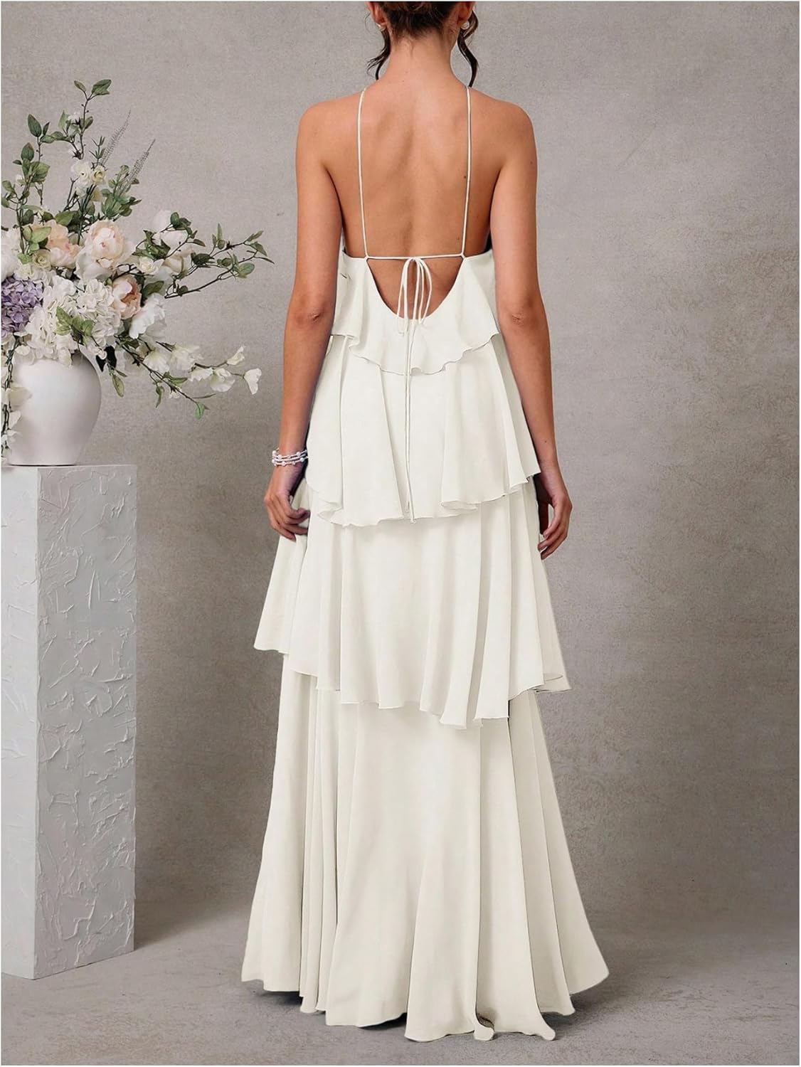 OYOANGLE Women's Ruffle Tiered Halter Maxi Dress Sleeveless Tie Backless Long Dresses - Image 3