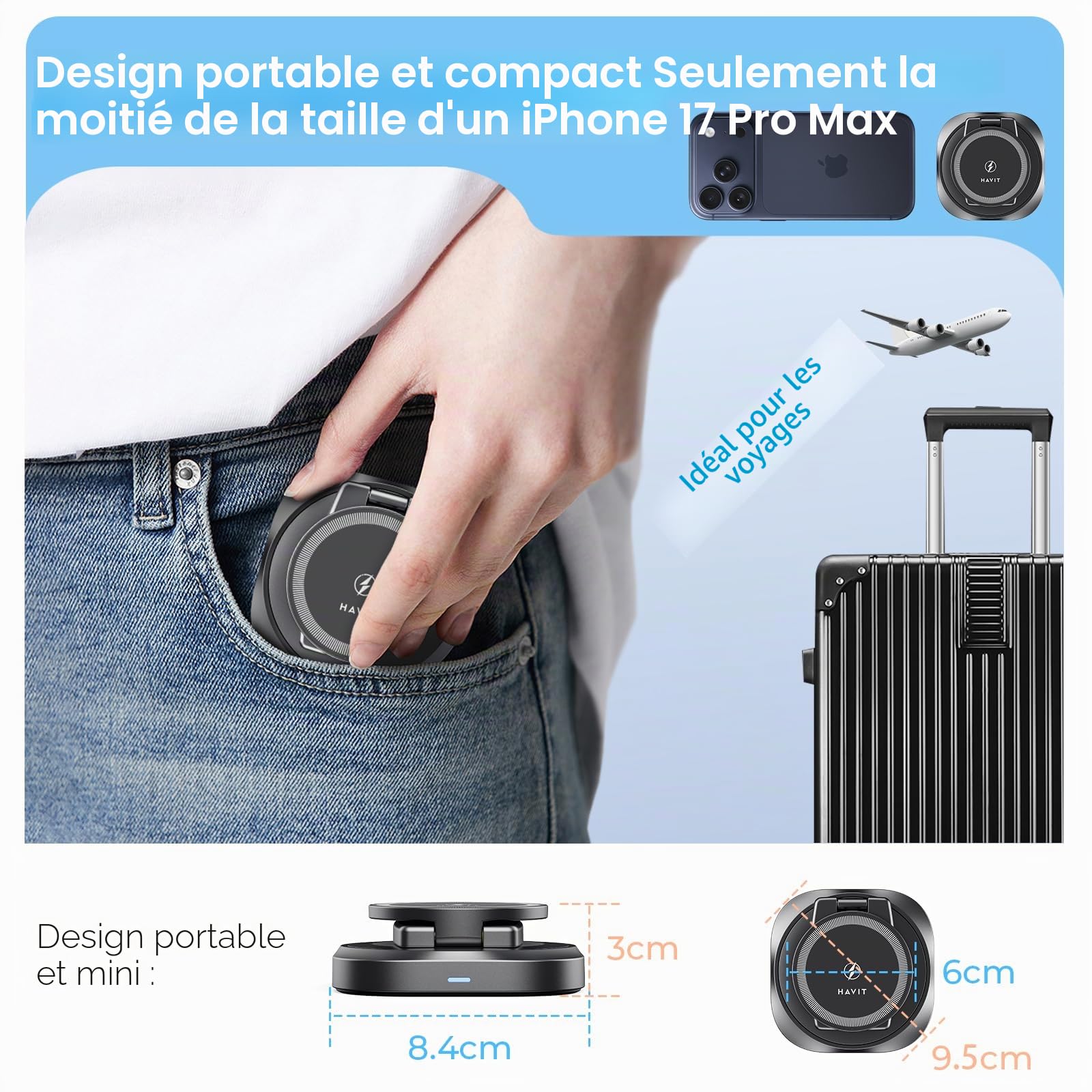 HAVIT Chargeur MagSafe Ultra Compact 3-en-1, Station de Chargement Sans Fil Pliable 15 W pour iPhones, Apple Watch, AirPods et Tous les Téléphones Magnétiquement Compatibles - W3111