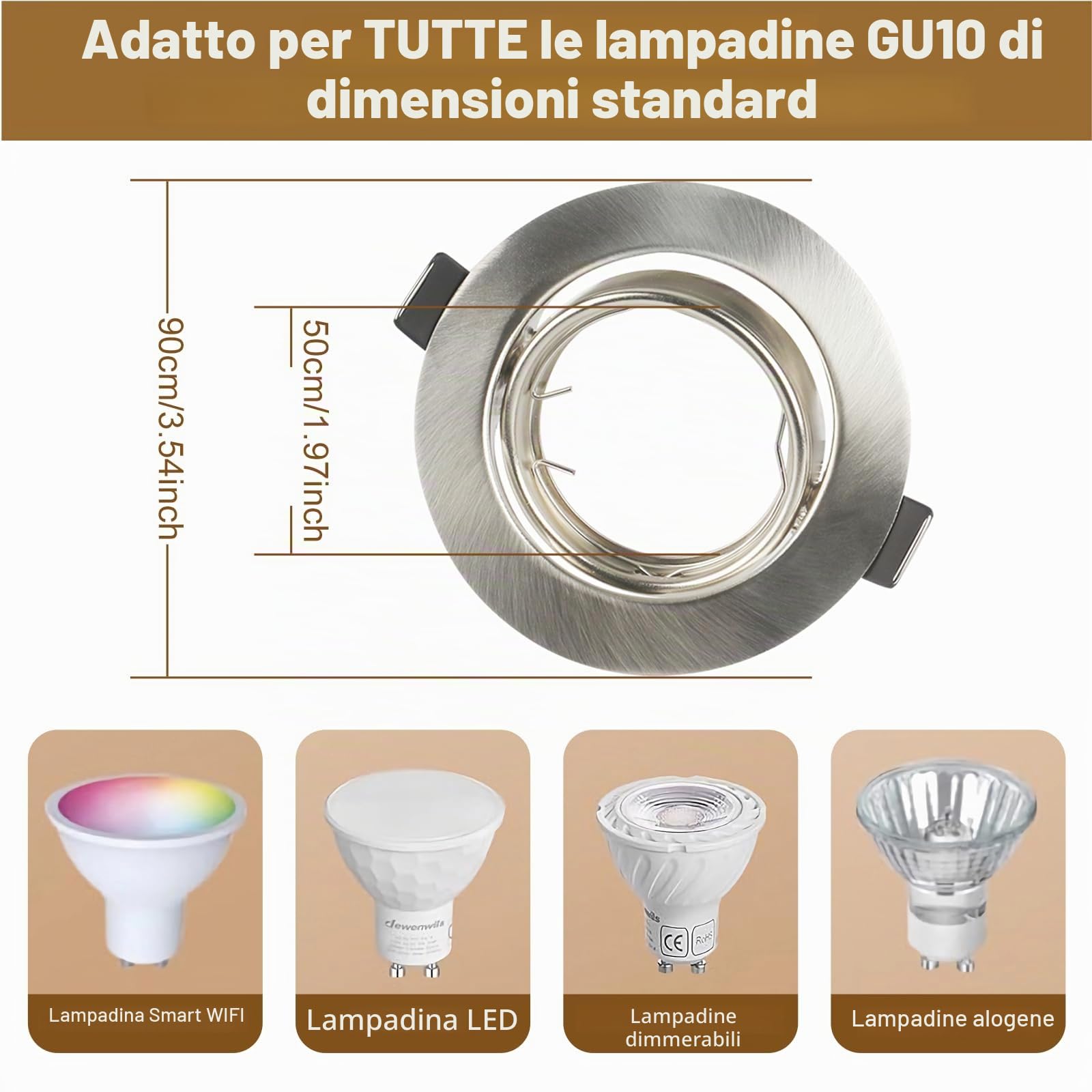 12X Cornice Faretti incasso cartongesso GU10 – Orientabili 30°, Ø90mm, per GU10 LED, Struttura in Metallo Cromato, Foro 68-80mm, con Portalampada – Faretti LED da Incasso per Cartongesso