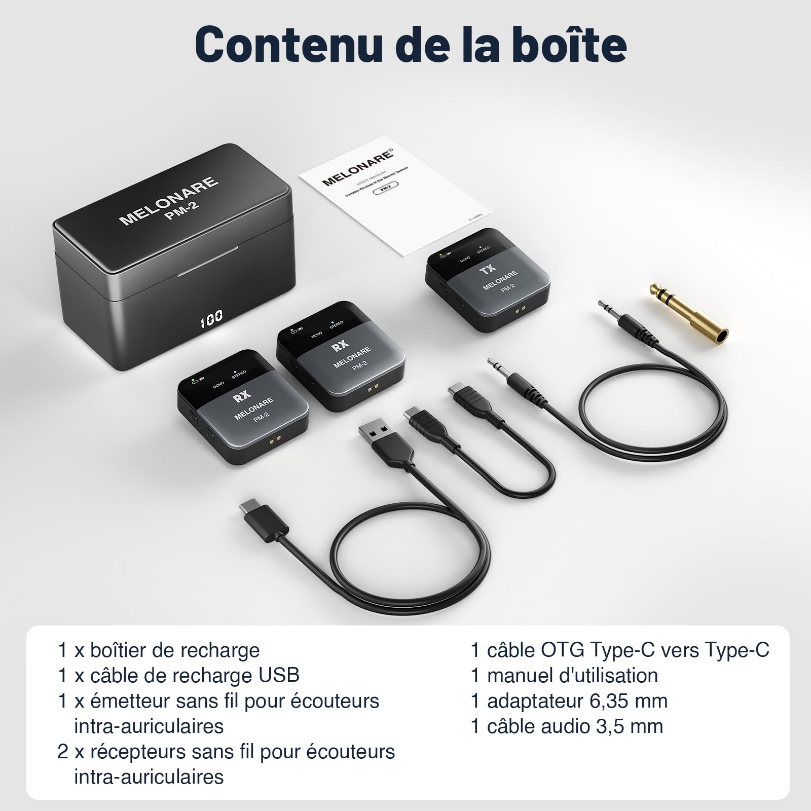 MELONARE PM-2 Système de moniteur intra-auriculaire portable sans fil avec étui de charge, émetteur et récepteur audio sans fil, audio 24 bits/48 kHz, entrée OTG, commutateur mono/stéréo, IEM pour