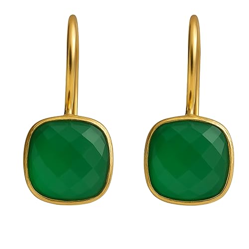 Cushion Cut Green Onyx Gold Plated Sterling Silver Drop Dangle Earrings - Handmade Jewelry Gift Ideas for Women - Birthday Valentine's Mother's Day