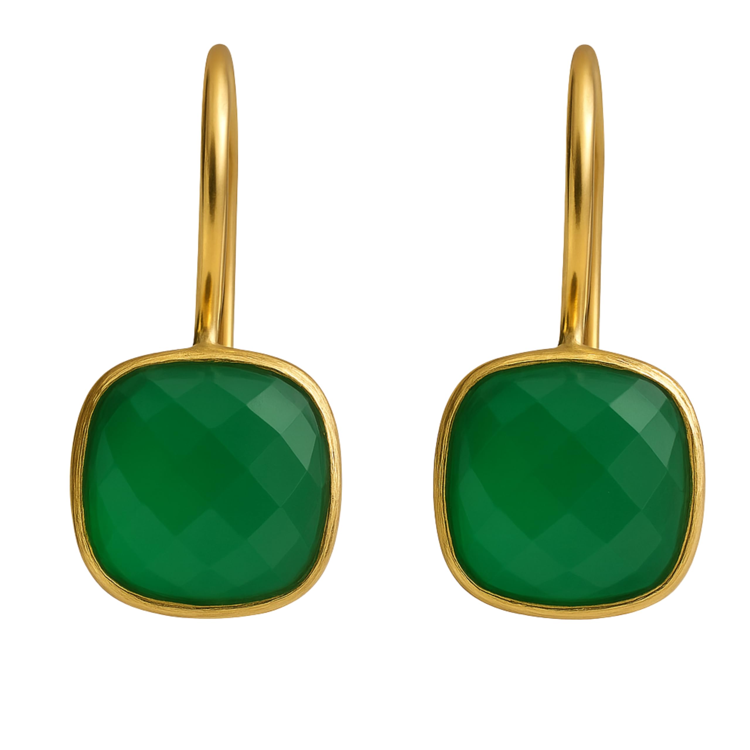 Green Onyx Cushion Cut Gold Plated Sterling Silver Drop Earrings - Handmade Jewelry Gift Ideas for Women - Natural Gem Gemstone - Birthday Valentine's Mother's Day Gift