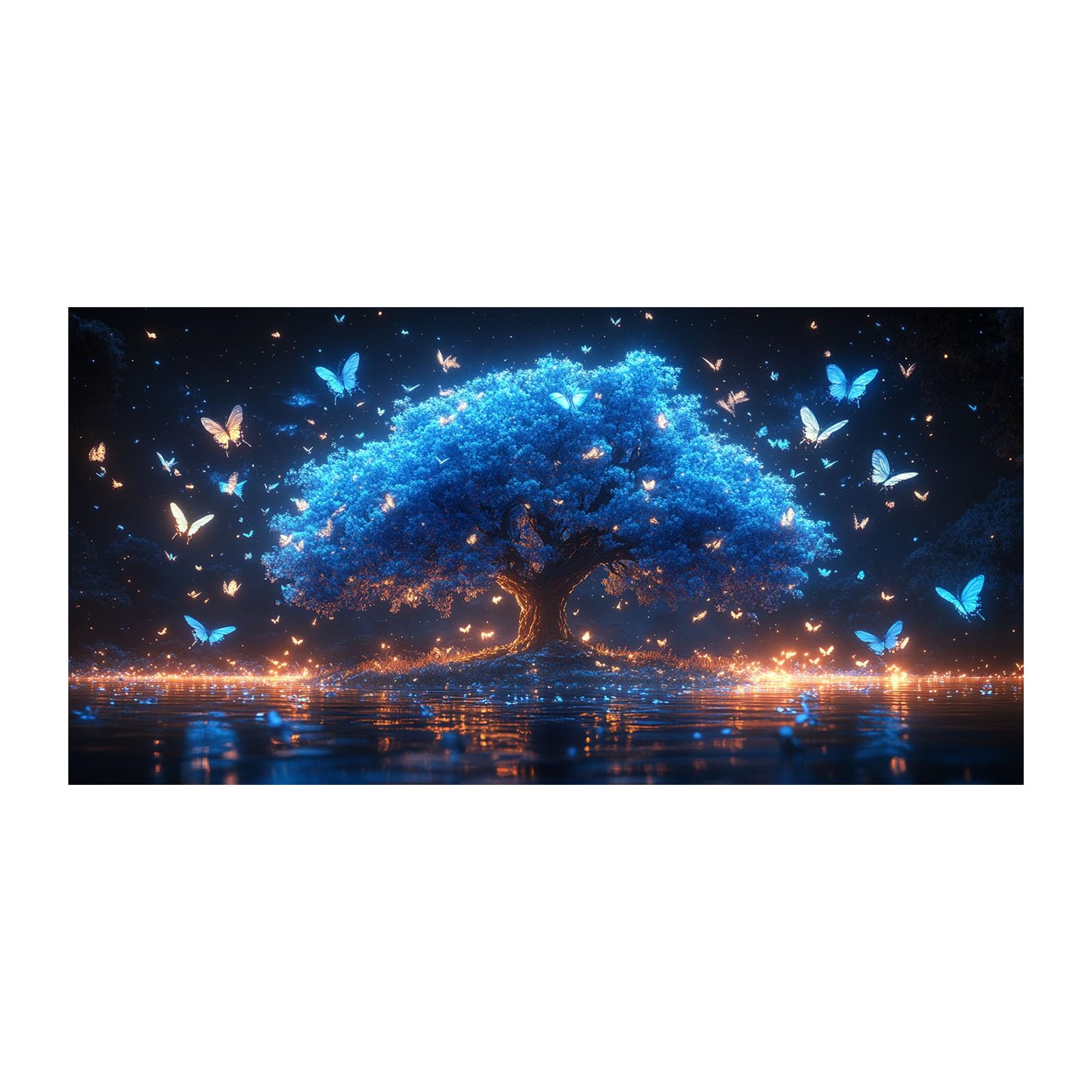 TERUEA Vlies Leinwandbild modern Wandbilder XXL Leuchtender Blauer Baum Blaue Schmetterlinge See Leinwand Wanddekoration für Wohnzimmer, Badezimmer, Büro, Flur, Küche (Blue)-40x80cm Ungerahmt