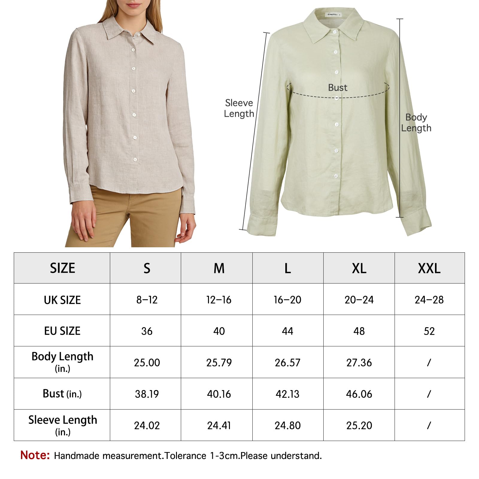 Amazhiyu Camicetta da donna in lino, a maniche lunghe, in lino, elegante, a tinta unita, per l'estate