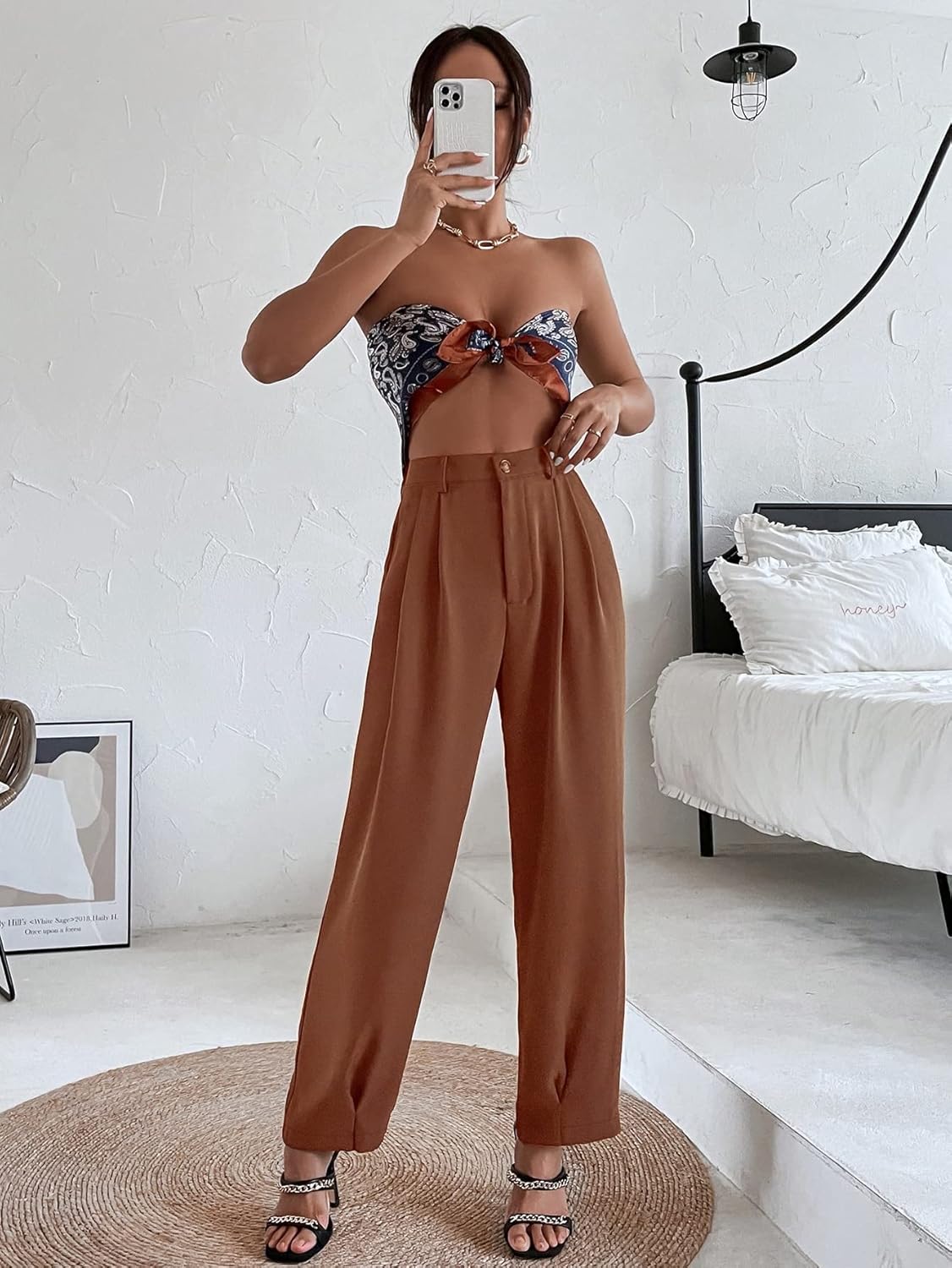 SweatyRocks Women's Casual High Waist Fold Pleated Straight Leg Trousers Work Pants with Pocket - Image 5