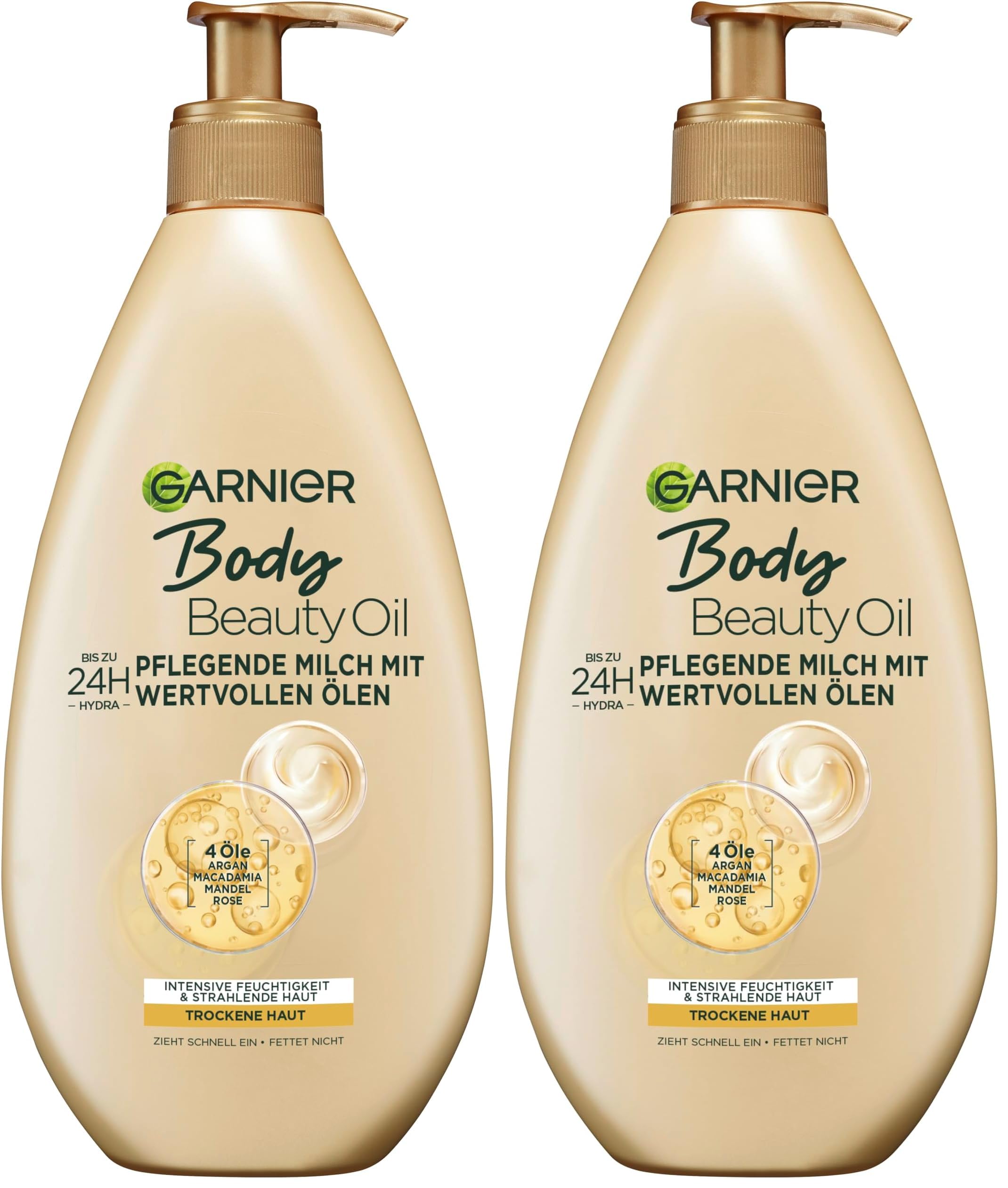 Garnier nährende Öl Milch/Körper Öl mit 4 wertvollen Ölen: Argan, Macadamia, Mandel, Rose, für trockene Haut- fettet nicht, klebt nicht, Oil Beauty, 2er Pack - 400ml