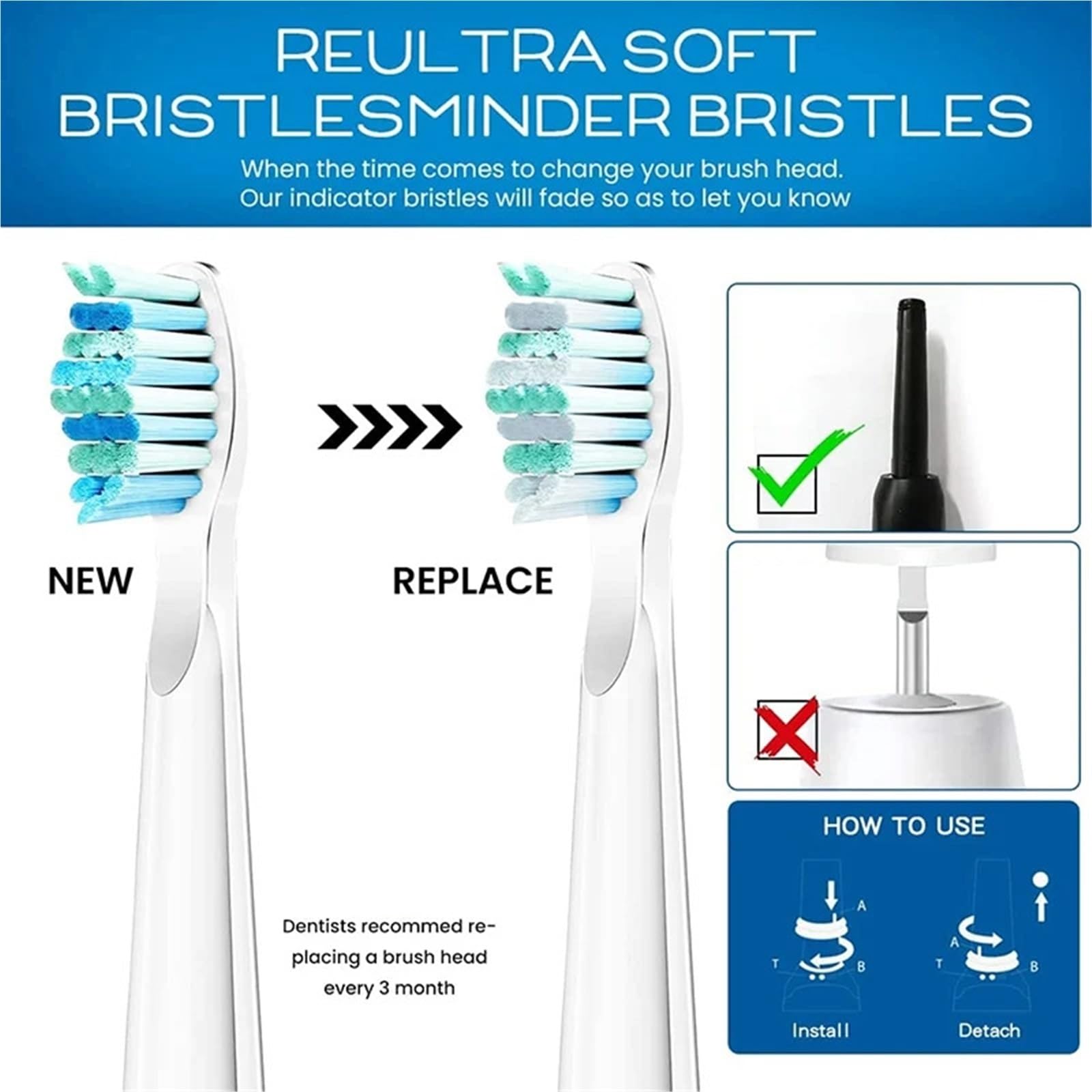 Testine di ricambio per spazzolino elettrico 507B 908 909 917 | Setole morbide con estremità arrotondate per l'uso quotidiano degli adulti(10pcs White)