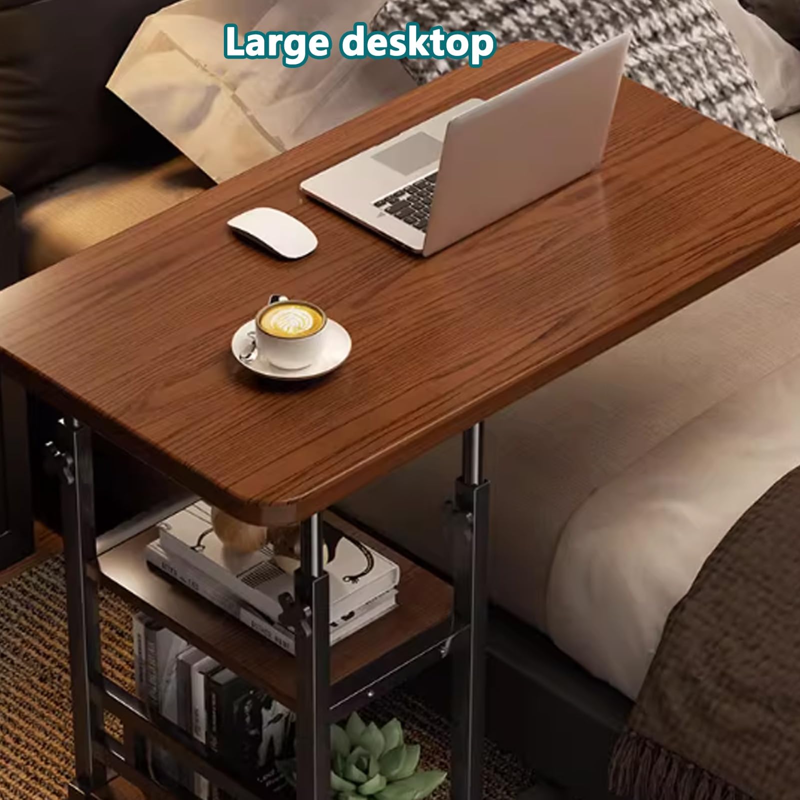 Tavolino da Letto con Ruote e Altezza Regolabile, Carrello for Laptop a 3 Livelli, Tavolino Laterale a Forma di C for Camera da Letto, Soggiorno, Ospedale(Natural,80cm/31.5in)